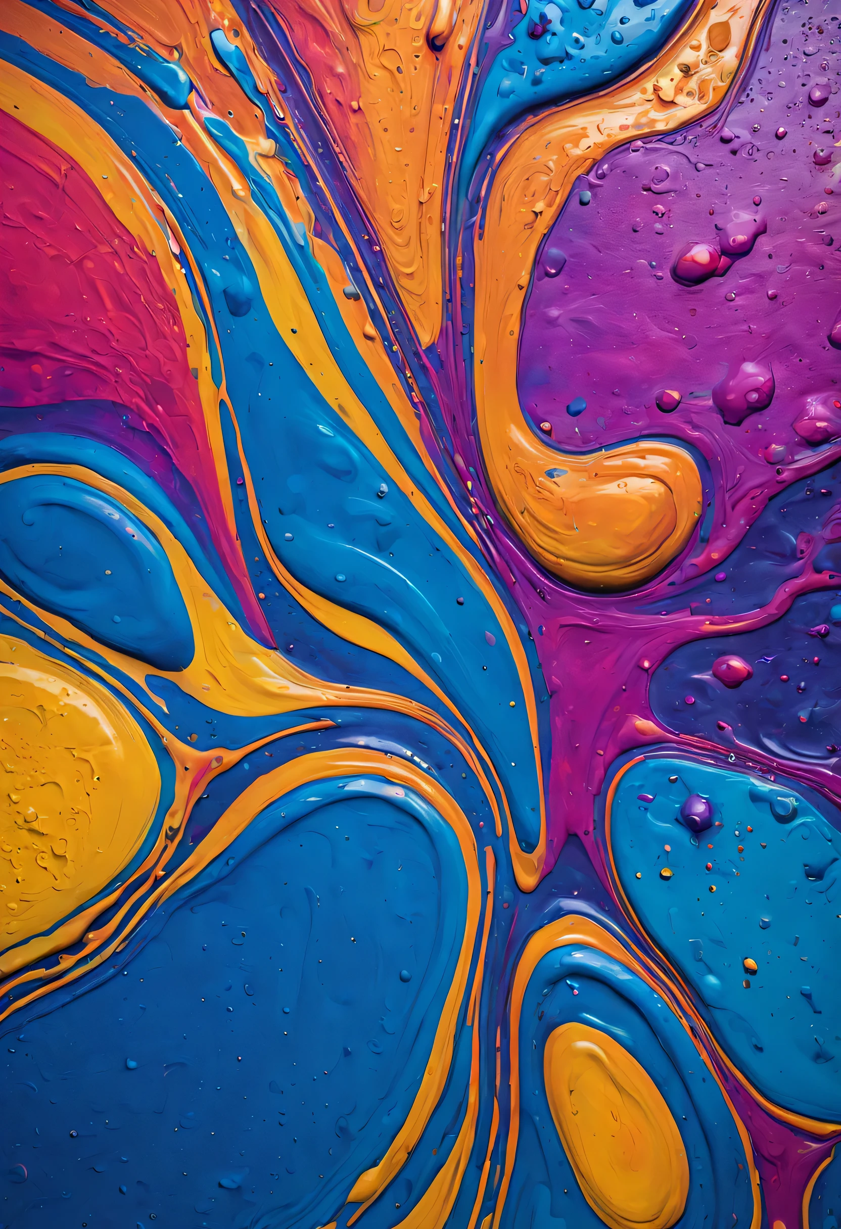 A beautiful andpsychedelic,  multi-colored liquided flashy paint, very textured and beautiful splashed on a wall