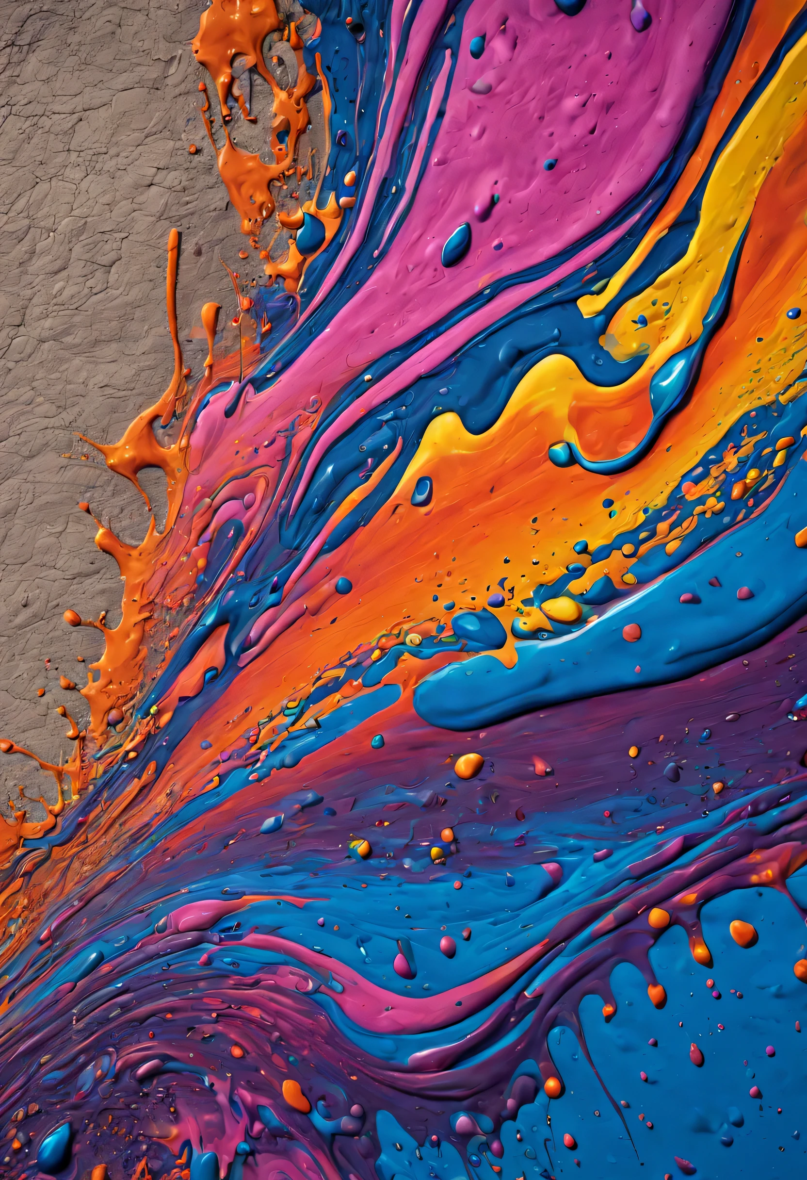 A beautiful andpsychedelic,  multi-colored liquided flashy paint, very textured and beautiful splashed on a wall