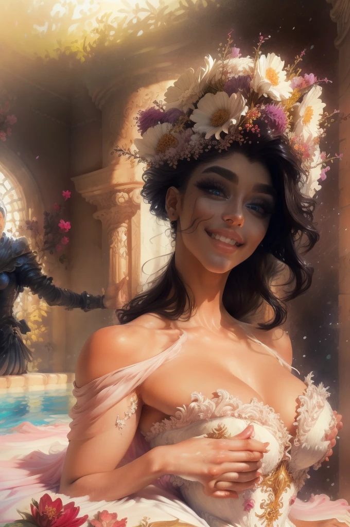(highres, realistic:1.37), beautiful detailed eyes, beautiful detailed lips, longeyelashes, curvy figure, confident smile, elegant pose, vibrant colors, regency era, bokeh, oil painting style, soft lighting, romantic setting, blooming flowers, flowing dress, graceful movement, delicate features, alluring gaze