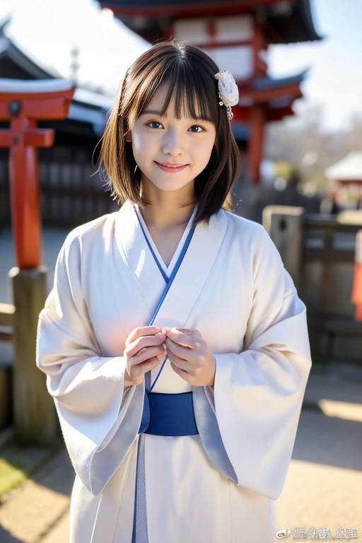 (((masterpiece))), (((Full body photo))),(((first visit of the year to a shrine)))、(((japanese shrine)))、 (one beautiful girl, innocence,cute) ,ultra high resolution, reality, Super detailed, 8k,highest quality, very detailed, blurred background,thin,small breasts,(very beautiful japanese girl, detailed face:1.3), (Gorgeous hair ornaments,short black hair :1.4), (baby face,cute系,adorable 10 year old girl), (perfect body:1.1),((She wearing a gorgeous long-sleeved kimono based on white.,Short length))、Rose color,Gorgeous smile,Super detailedな顔、detailed lips、detailed eyes、small gravure idol,transparent skin、lolita,photoreal:1.37、Wrapped in the morning sun,clear air,cold winter ailling snow,snow scene,背景にたくさんのfirst visit of the year to a shrine客