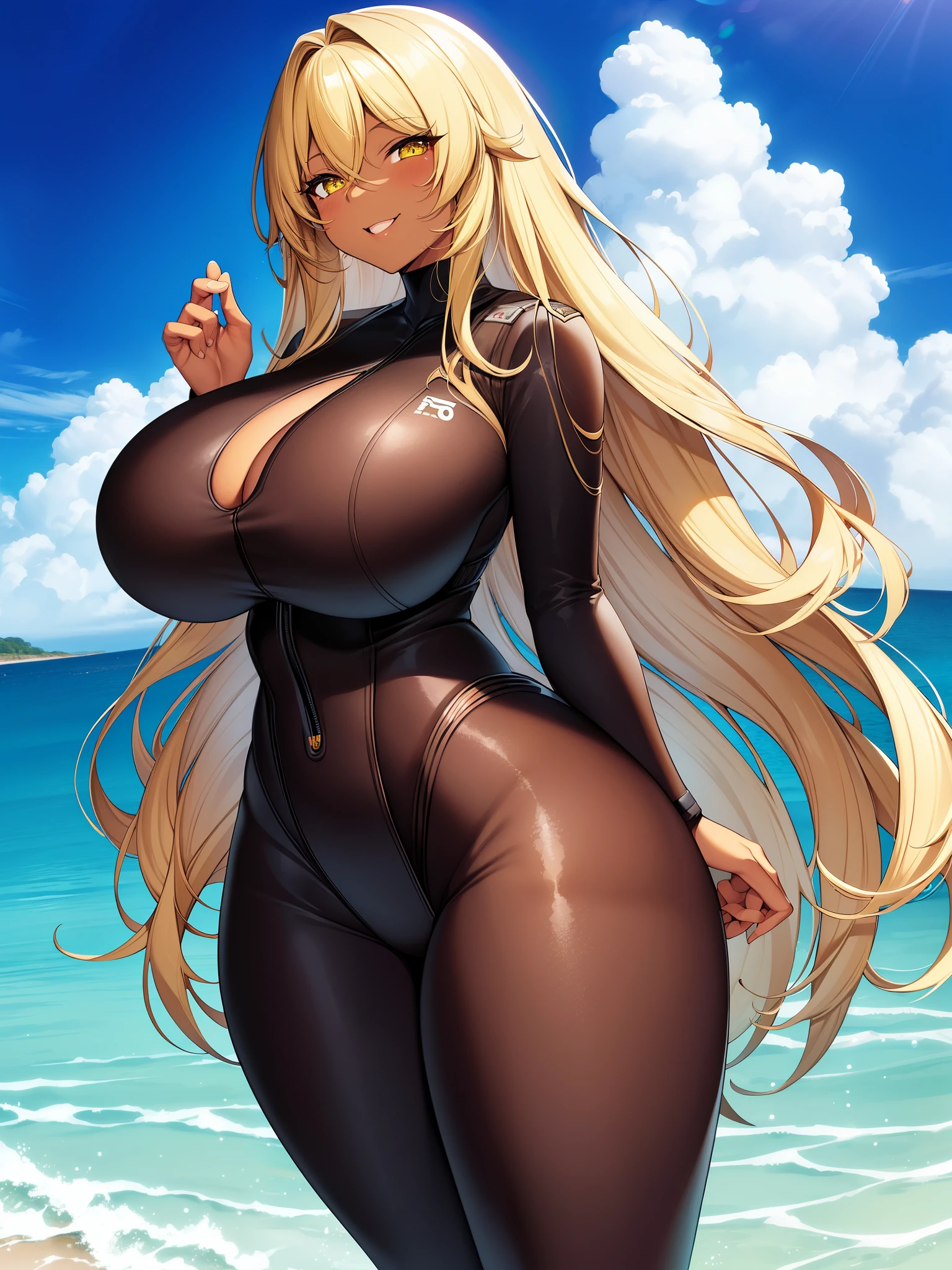 Best quality, massive breasts, massive ass, very curvy, dark brown skin, long blond hair, yellow eyes, slutty, gyaru, full lips, seductive, smiling, brown eyes, big bust, boobs too big for wetsuit, extremely tight, darkskin, tan, wetsuit