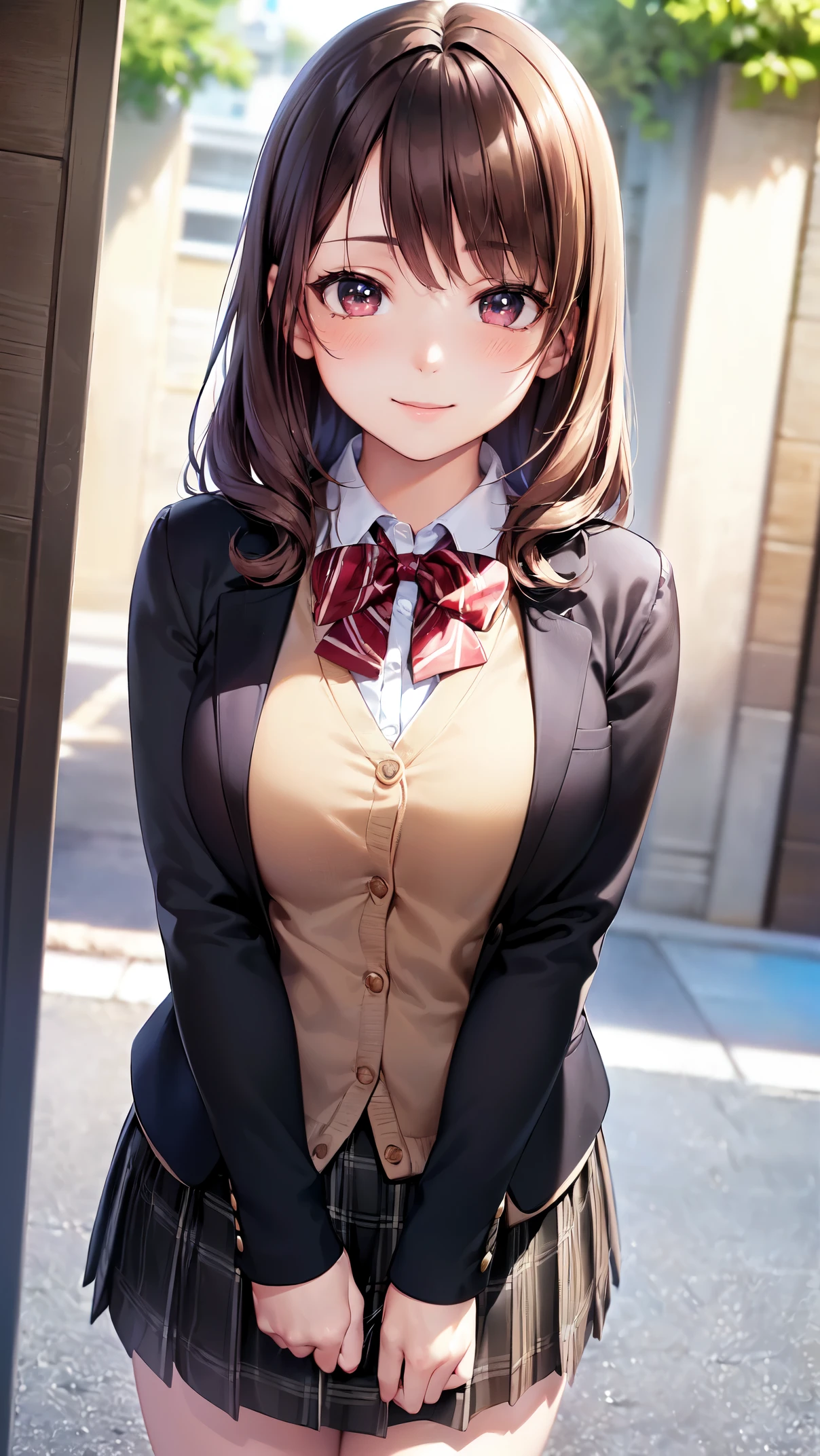 ((masterpiece, best quality, high resolution, UHD, pixel perfect, depth of field, 4k, RTX, HDR))), 1girl, single, solo, beautiful anime girl, beautiful art style, anime character, ((long hair, bangs , brown hair, curly hair:0.8)), ((red eyes:1.4, round eyes, beautiful eyelashes, realistic eyes)), ((detailed face, blush:1.2)), ((fine texture:0.75, realistic texture : 0.65 , photorealistic: 1.1, anime CG style)), medium breasts, perfect body, ((portrait, pov)), ((red bow tie, school uniform, black jacket, open jacket, brown cardigan, shirt white, black skirt , plaid skirt)), smile, amusement park,big smile