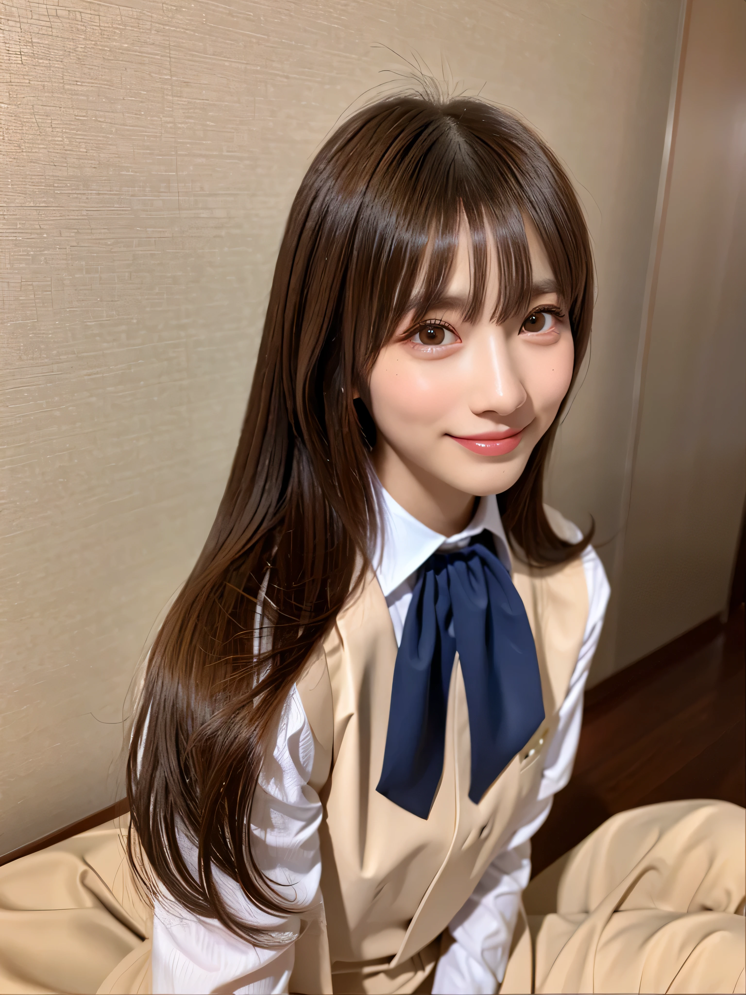 Black Eyes, 1 woman, (female)), solo, real, top quality, photorealistic, masterpiece, 8K, HDTV, solo, hdtv face, soft lighting, bedroom, ((daytime)), sky, (looking at camera), (portrait: 0.6), full-body, (medium hair), ponytail, brown hair, floating hair, lips, lipstick, seductive smile, Floating hair, smile, open mouth, teeth, eyelashes, Nogizaka 46, Moeka Tada, Akari Suda, idol, beautiful girl, ((uniform)), (((standing))
