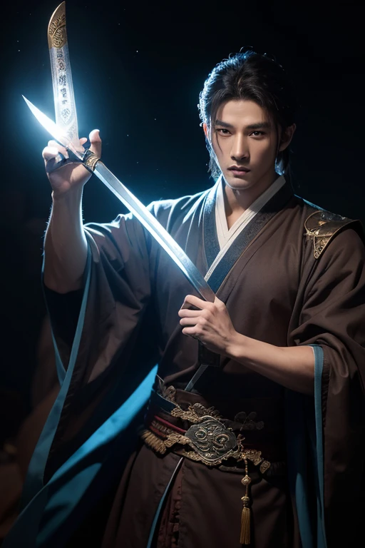 Background of fantasy novel Tiandao Immortal Mansion,male asian,monk role,star face,Face like jade,Handsome,Holding Xianyang Sword in hand,Cultivation robe,