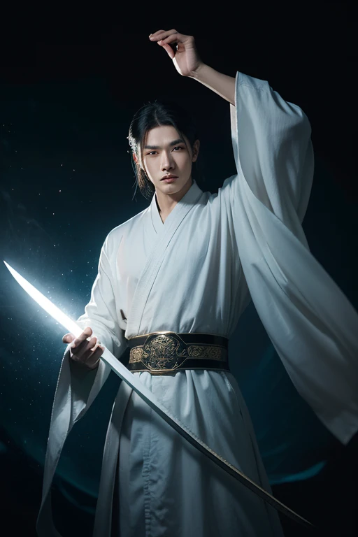 Background of fantasy novel Tiandao Immortal Mansion,male asian,monk role,star face,Face like jade,Handsome,Holding Xianyang Sword in hand,Cultivation robe,