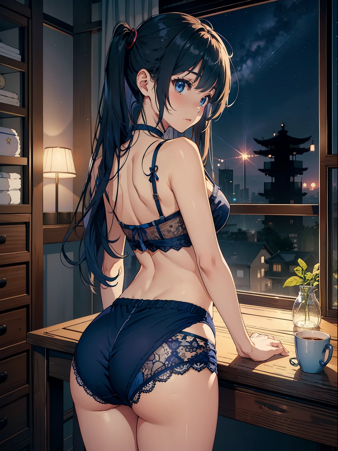 table top, high quality, girl, big clothes, Underwear with a small area, comfortable clothing, night, sunset, A small room overlooking the starry sky, 綺麗なnight景が一望できます....,fiddling with something to distract yourself,push your butt up,Be an ass,pull down half of your pants、Indigo blue detailed lace panties