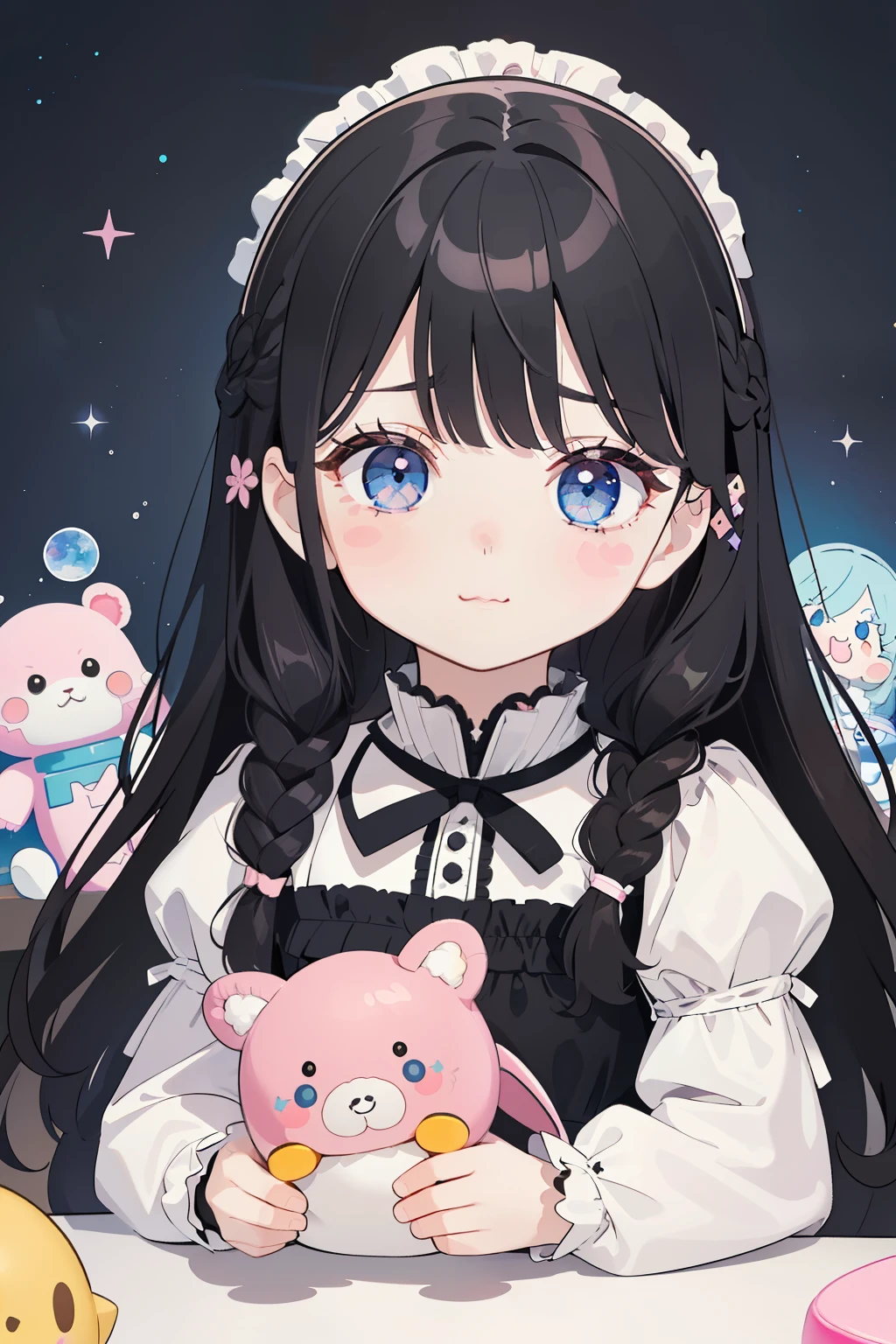 (table top), (highest quality), (Super detailed), (whole body: 1.2), 1 girl, Little, cute, troubled face,colorful background, pink, black and white gothic ****ta clothing, blush, : 3, (braided hair),(banguri and, black hair,(blue eyes:1.2),(Long hair with a lot of hair),(Fluffy curly hair), (brown eyelash stickers, Bangortiful detailed face), (Beautiful and detailed eyelid body,cuteポーズ,(A space full of stuffed animals and toys)