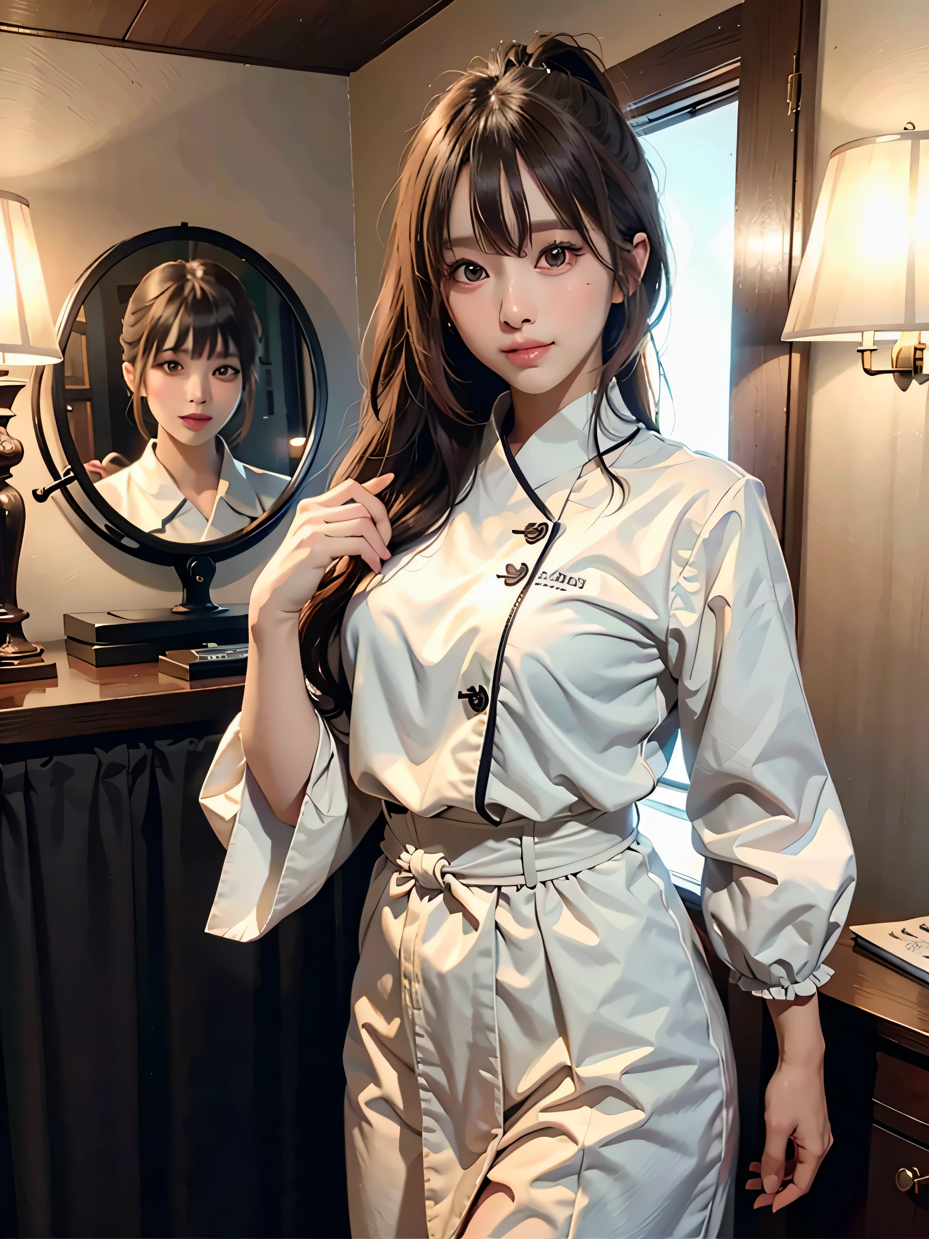 Black Eyes, 1 woman, (female)), solo, real, top quality, photorealistic, masterpiece, 8K, HDTV, solo, hdtv face, soft lighting, bedroom, ((daytime)), sky, (looking at camera), (portrait: 0.6), full-body, (medium hair), ponytail, brown hair, floating hair, lips, lipstick, seductive smile, Floating hair, smile, open mouth, teeth, eyelashes, Nogizaka 46, Moeka Tada, Akari Suda, idol, beautiful girl, ((uniform)), (((standing))