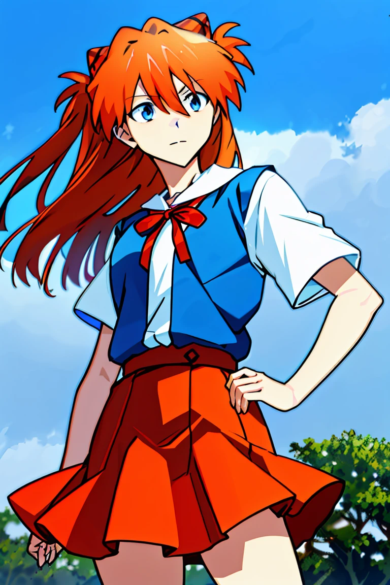 expose one&#39;s chest,Asuka，blue eyes, orange hair，sports late，white collar blouse，EVANGELION asuka，anime manga girl,Flip up your skirt