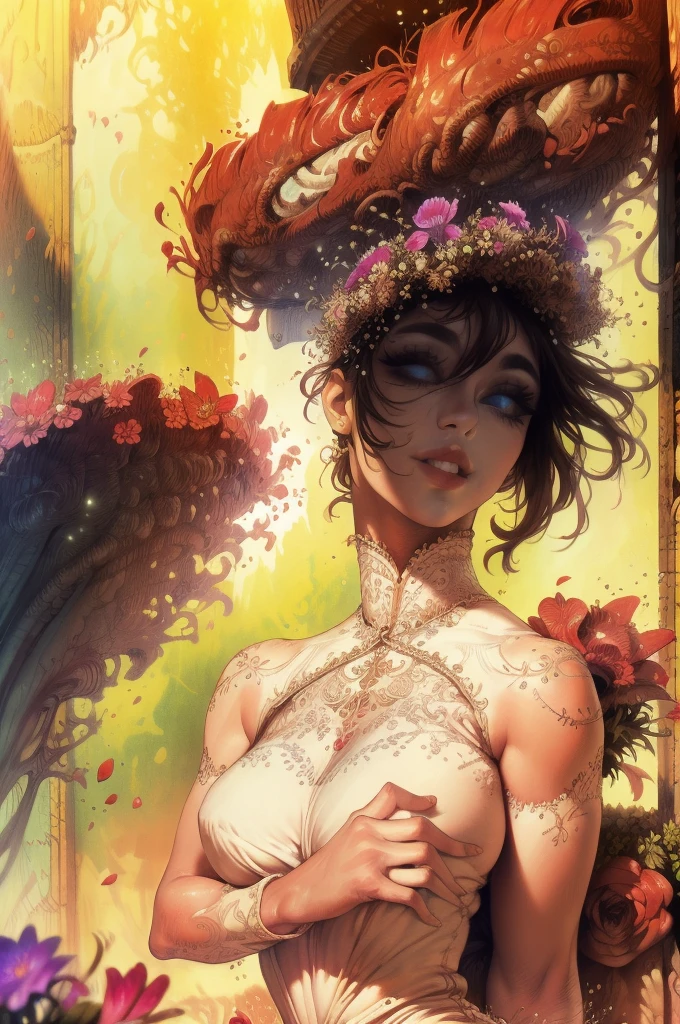 (highres, realistic:1.37), beautiful detailed eyes, beautiful detailed lips, longeyelashes, curvy figure, confident smile, elegant pose, vibrant colors, regency era, bokeh, oil painting style, soft lighting, romantic setting, blooming flowers, flowing dress, graceful movement, delicate features, alluring gaze