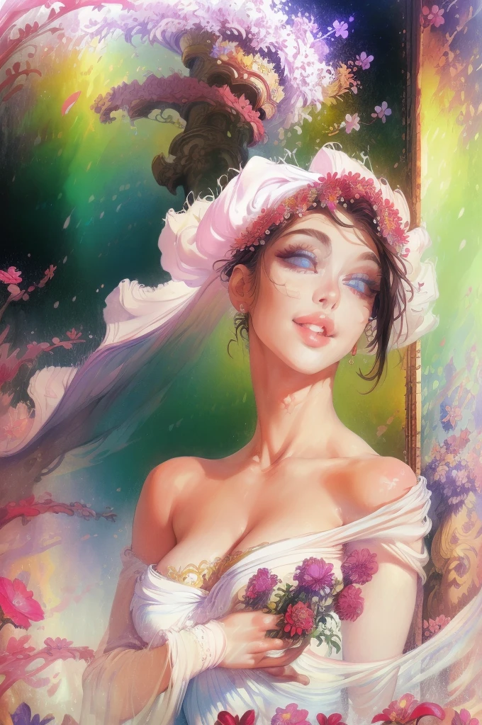 (highres, realistic:1.37), beautiful detailed eyes, beautiful detailed lips, longeyelashes, curvy figure, confident smile, elegant pose, vibrant colors, regency era, bokeh, oil painting style, soft lighting, romantic setting, blooming flowers, flowing dress, graceful movement, delicate features, alluring gaze