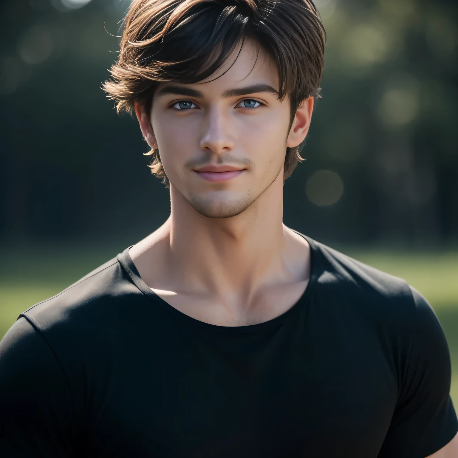 photo of a stunning handsome man 24 years old, Blue eyes, short messy hair, Brown hair, hair flipping, close-up, enlarged in a narrow frame, Portrait, in a black shirt, (photorealistic:1.2) (hips:1.2) (Best quality) (color correction) (Detailed skin:1.3) (difficult) (8K) (HDR) (cinematic lighting:1.3) (sharp focus), short hair, looks at the camera, smiling, slight smile