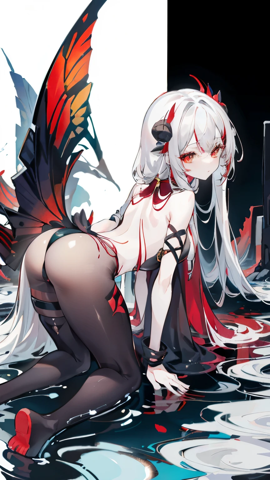 a girl,crawling on all fours, Sheep's horn, full color, long white hair, Red Eyes ,Eyeliner, , Turn your hips, immerse in water, black transparent clothes, Red, open air, Rose, night, ruins, Butterfly,back view,big asutt close-up