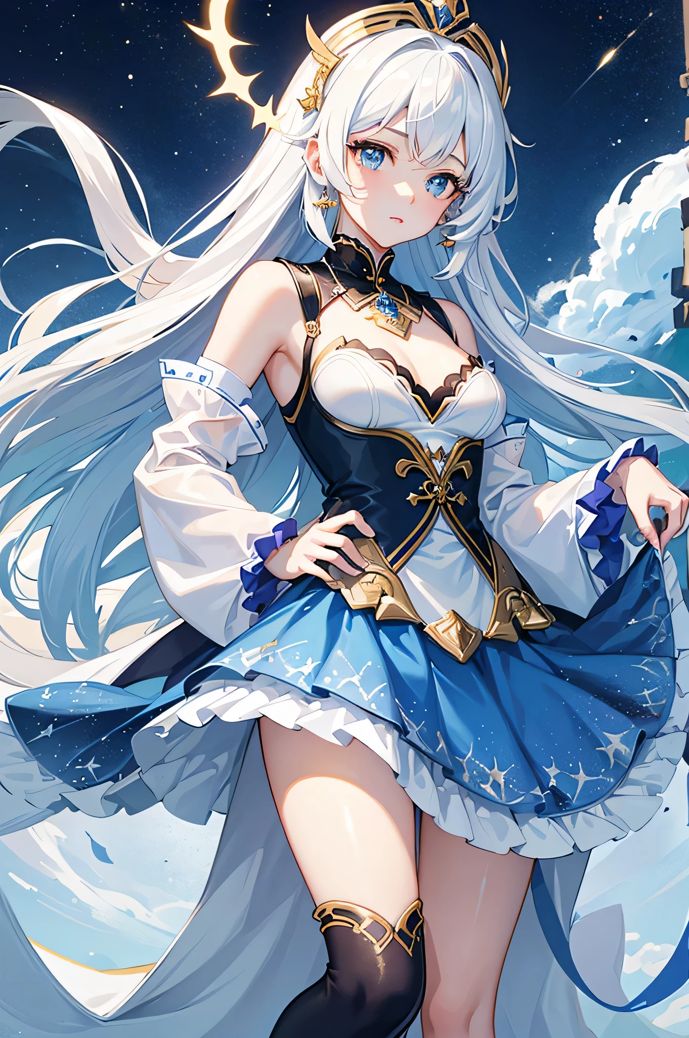 (Extremely detailed CG unified 8k wallpaper,tmasterpiece,Best Illustration, Best quality at best,extremely delicate and beautiful,float,high resolution,dynamic angle,dynamic poses,(De Gea from Genshin Impact),night sky,Star,flashing lights,Soft and peaceful atmosphere):(De Gea:1.3)+(Genshin Impact:1.1)+(night sky:1.1),奶White hair,furry clotheao Pipa,blue and white color scheme,Beautiful appearance,this a cute girl,white beautiful appearance,cute big breasts,a age girl,White hair,blue eyes,White dress in the sea,having fun,Put a garland on your head,running action,Beautiful and charming loliracter,Her appearance very striking。Have sky blue silky long hair,and a pair of bright big eyes,Her face very delicate,Give people a sense of calmness、elegant feeling。also,Also wearing a white dress,The design of this dress very vivid,comprehensive,Appearance very attractive,Crystal clear brilliance,White hair,white skinned,the only person,Beutiful women,fox ace shadow,facial highlights,golden eyes,gradient eyes,white eyelashes,(colorful),(Exquisite makeup),(thick lips),lipsticks,glowing eyes,(Highlight eye shadow),(Smooth, straight hair),Exquisite facial sculptinovie lighting effects,grade,18K,tmasterpiece,extreme hight detail,colorful,(hair bow),(A beam of light hit her face),(hair glowing strands),Peerless beauty,Hair depicted in detail,small nose,Sophisticated lighting and shadows,straight nose bridge,Very good skin quality,Delicate description of eyes,clear eyeessy hair),golden ratio facial features,k hd,Glowing light,8K分辨率,超high resolution,higher quality,flowers,White glowing particle effect,lift up skirt,body,expose her,big deal,,