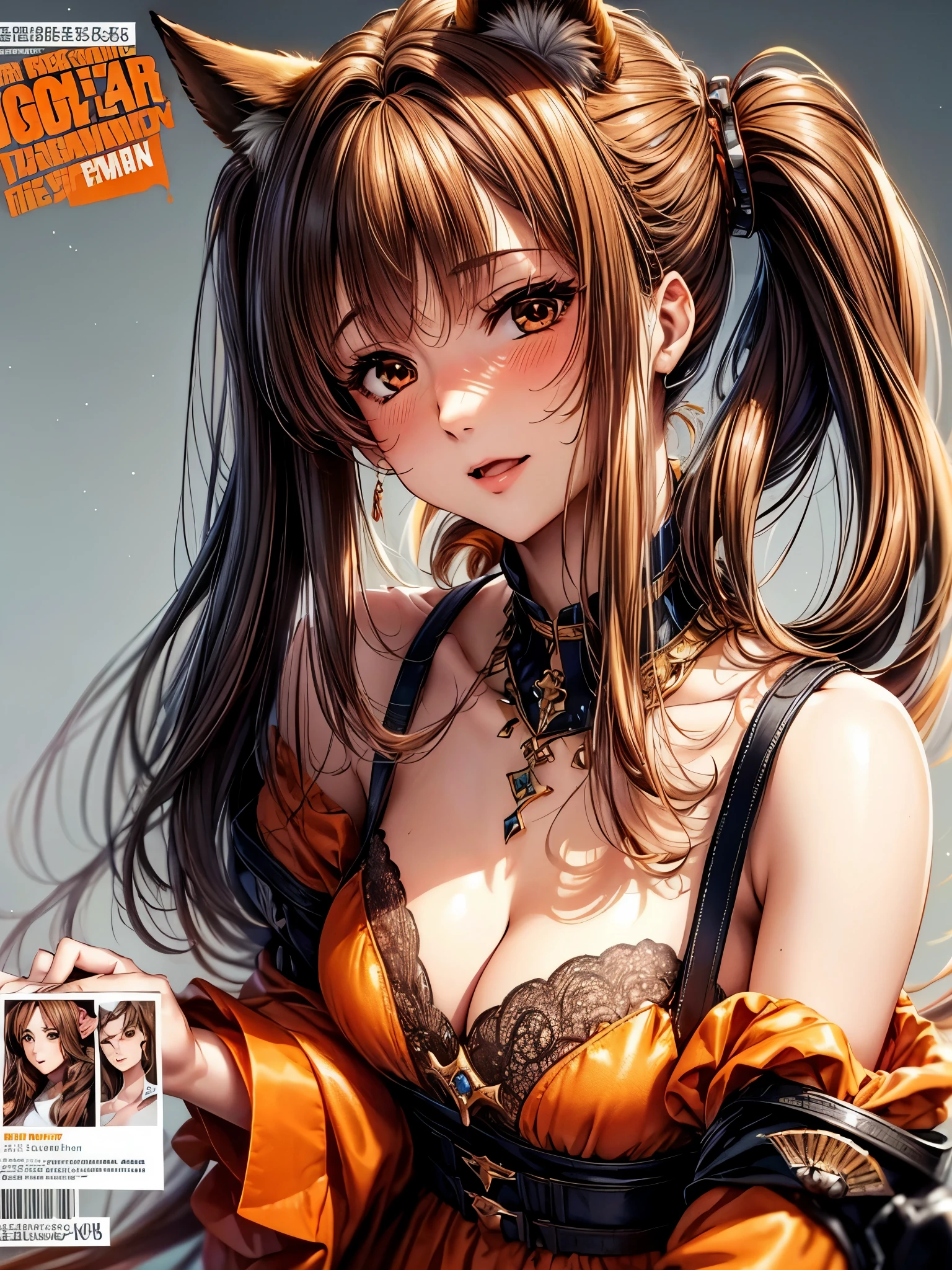 (Best Quality, Masterpiece), Front cover。1girl, 30 years old, makeup,hourglass figure, high heels, text, diagrams, advertisements, magazine title, brown hair, twin ponytails,detailed sparkling orange eye,fox ear,fox tail。mature face,ssmile
