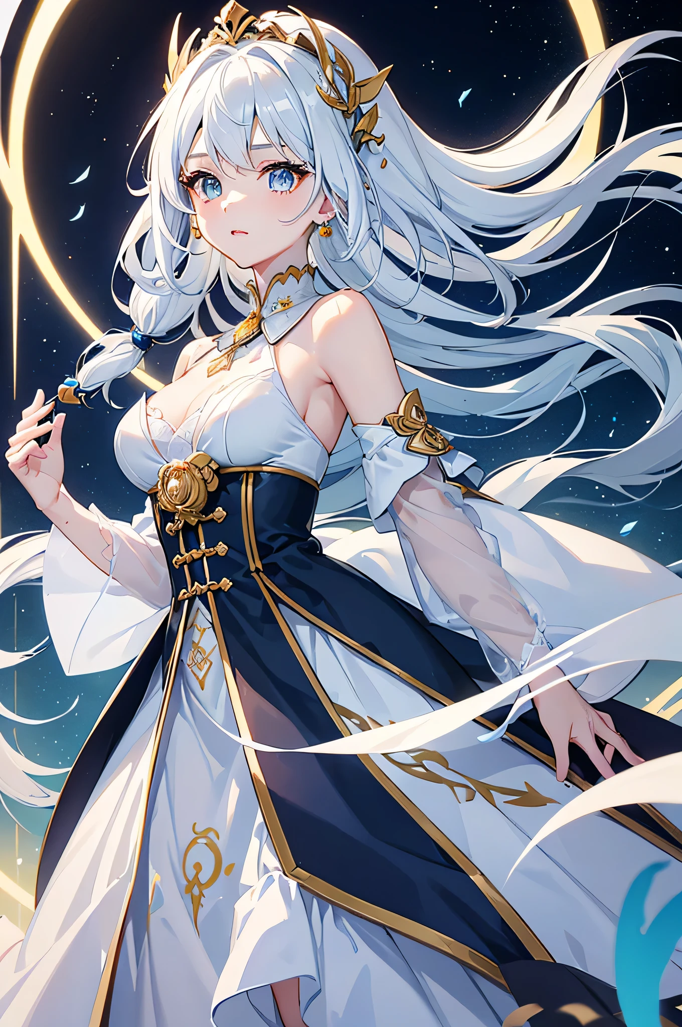 (Extremely detailed CG unified 8k wallpaper,tmasterpiece,Best Illustration, Best quality at best,extremely delicate and beautiful,float,high resolution,dynamic angle,dynamic poses,(De Gea from Genshin Impact),night sky,Star,flashing lights,Soft and peaceful atmosphere):(De Gea:1.3)+(Genshin Impact:1.1)+(night sky:1.1)，奶White hair，furry clotheao Pipa，blue and white color scheme，Beautiful appearance，this  a cute girl，white beautiful appearance，cute big breasts，a teenage girl，White hair，blue eyes，White dress in the sea，having fun，Put a garland on your head，running action，Beautiful and charming loli character，Her appearance  very striking。Have sky blue silky long hair，and a pair of bright big eyes，Her face  very delicate，Give people a sense of calmness、elegant feeling。also，Also wearing a white dress，The design of this dress  very vivid，comprehensive，Appearance  very attractive，Crystal clear brilliance,White hair，white skinned，the only person，Beutiful women，fox ace shadow，facial highlights，golden eyes，gradient eyes，white eyelashes，（colorful），（Exquisite makeup），（thick lips），lipsticks，glowing eyes，（Highlight eye shadow），（Smooth, straight hair），Exquisite facial sculptinovie lighting effects，grade，18K，tmasterpiece，extreme hight detail，colorful，（hair bow），（A beam of light hit her face），（hair glowing strands），Peerless beauty，Hair  depicted in detail，small nose，Sophisticated lighting and shadows，straight nose bridge，Very good skin quality，Delicate description of eyes，clear eyeessy  hair），golden ratio facial features，k hd，Glowing light，8K分辨率，超high resolution，higher quality，flowers，White glowing particle effect，lift up skirt，body，expose her，big deal，泳衣,（（全身照））