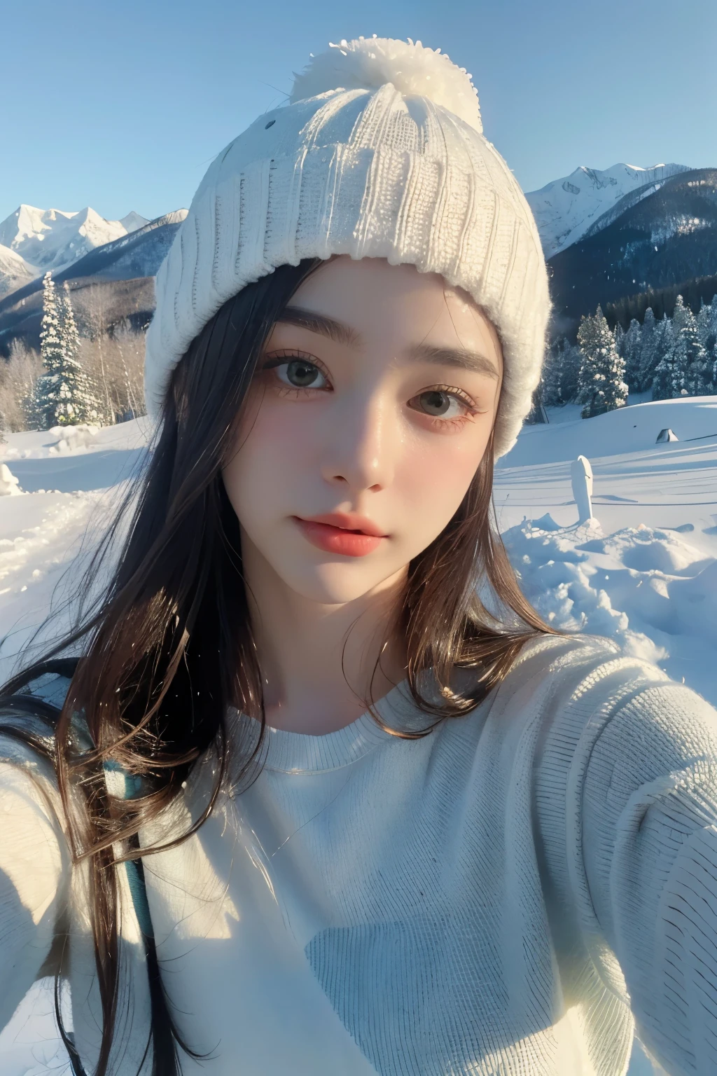 Portrait of a young woman with knit hat in snow taking a selfie, in the style of mountainous vistas, light teal and light orange, vibrant, lively, elegant, emotive faces, travel, clear facial features, 35 mm lens, accent lighting, global illumination