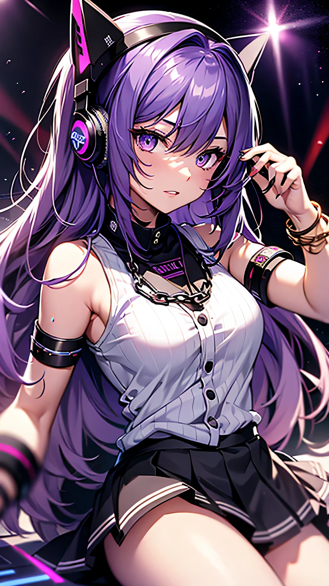 highest quality、Highest image quality、masterpiece、age girl((18-year-old、 Agar、vest bust、medium bust,wide open breast tea、purple eyes, purple hair、long hair、slender,highest valley、cute makeup、black nail polish、white short skirt、Looks like fun、have a guitar、black spats、fluttering hair、red belly button tank top、chain accessories、DJ、headphones,random motion)),high quality、beautiful art、background((night live house、red laser light、blue laser light、random laser points、Virtual space、golden laser beam、purple laser light、DJ、live stage)),muste piece、Depth of written boundary、movie、visual art、perfect art、