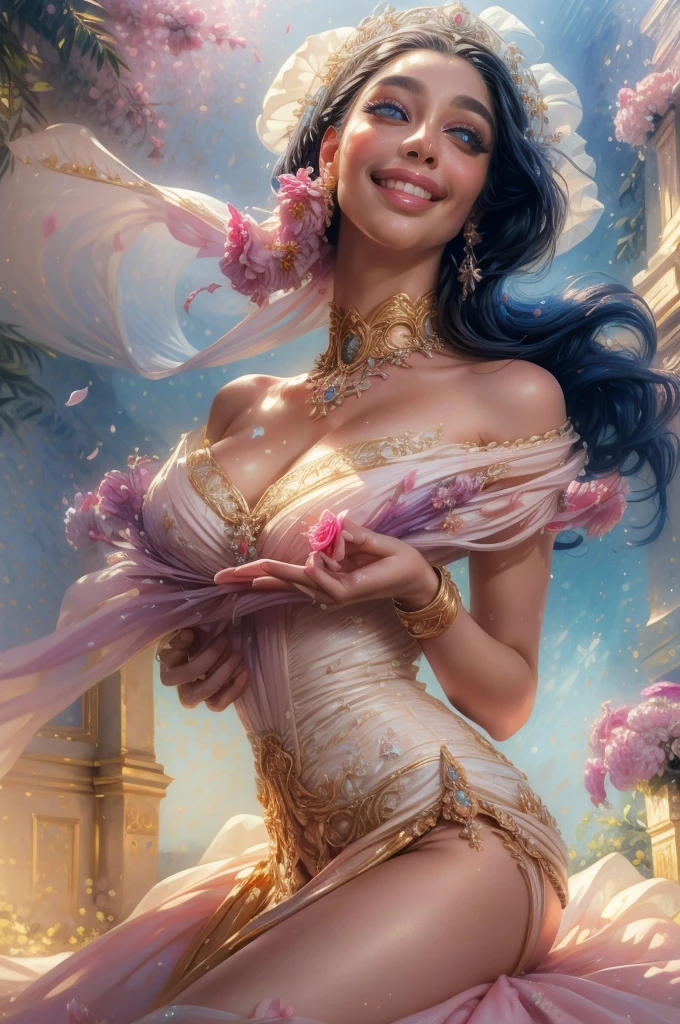 (highres, realistic:1.37), beautiful detailed eyes, beautiful detailed lips, longeyelashes, curvy figure, confident smile, elegant pose, vibrant colors, regency era, bokeh, oil painting style, soft lighting, romantic setting, blooming flowers, flowing dress, graceful movement, delicate features, alluring gaze,