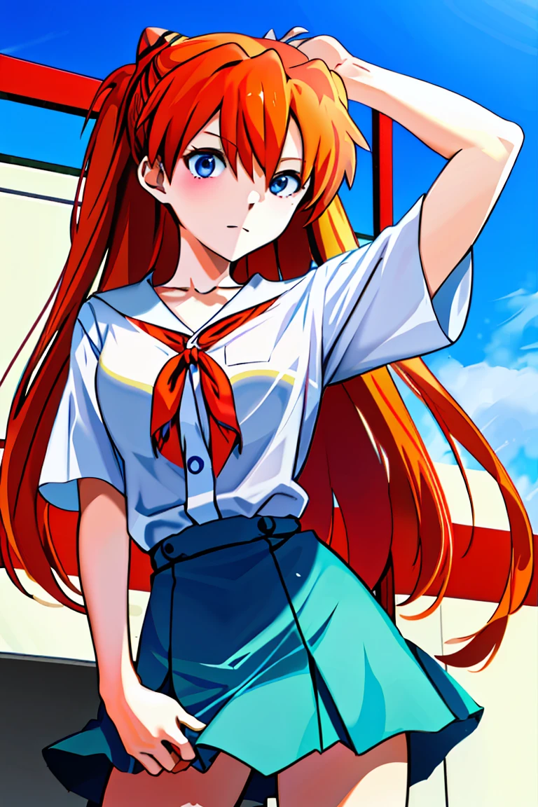 Asuka showing her breasts，blue eyes, orange hair，sports late，White-collar blouse that exposes the breasts，evangelion asuka，anime manga girl,Asuka rolls up her skirt and shows her crotch