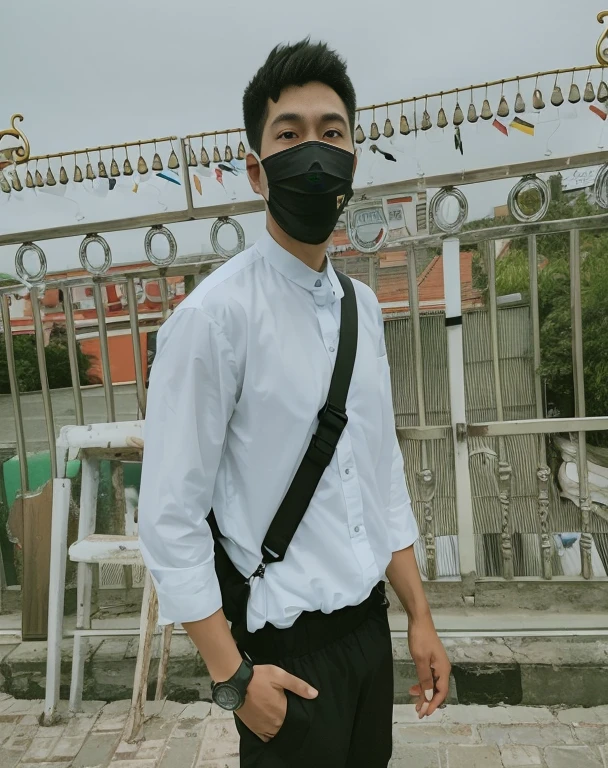 arafed man wearing a black mask and a white shirt, wearing all black mempo mask, wearing space techwear, wearing mask, wearing japanese techwear, thawan duchanee, wearing facemask, wearing a mask, profile picture 1024px, in the style of sifu 🔥 😎 🕹️ 👀 :2, techwear look and clothes