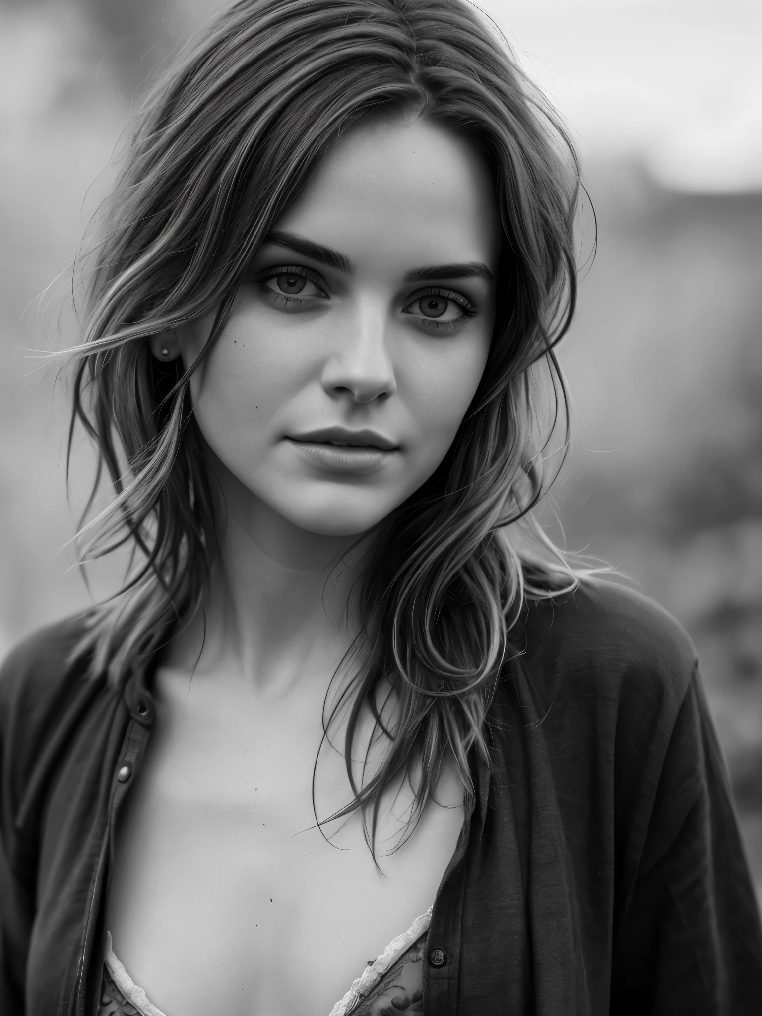 Photorealistic, masterpiece grayscale photo, woman with messy hair and poor tattered clothes, cute sexy, (detailed medieval background), ultra sharp focus, detailed face, (((posing))), random hair color, short hair, beautiful eyes, full body, high quality black and white image