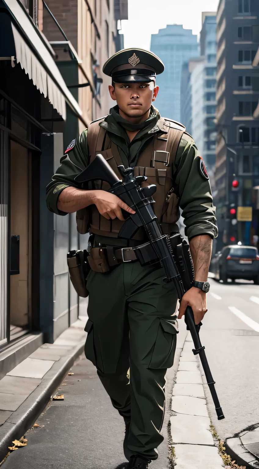 Modern soldier with an M16 assault rifle, five fingers in each hand. Blue camo outfit.