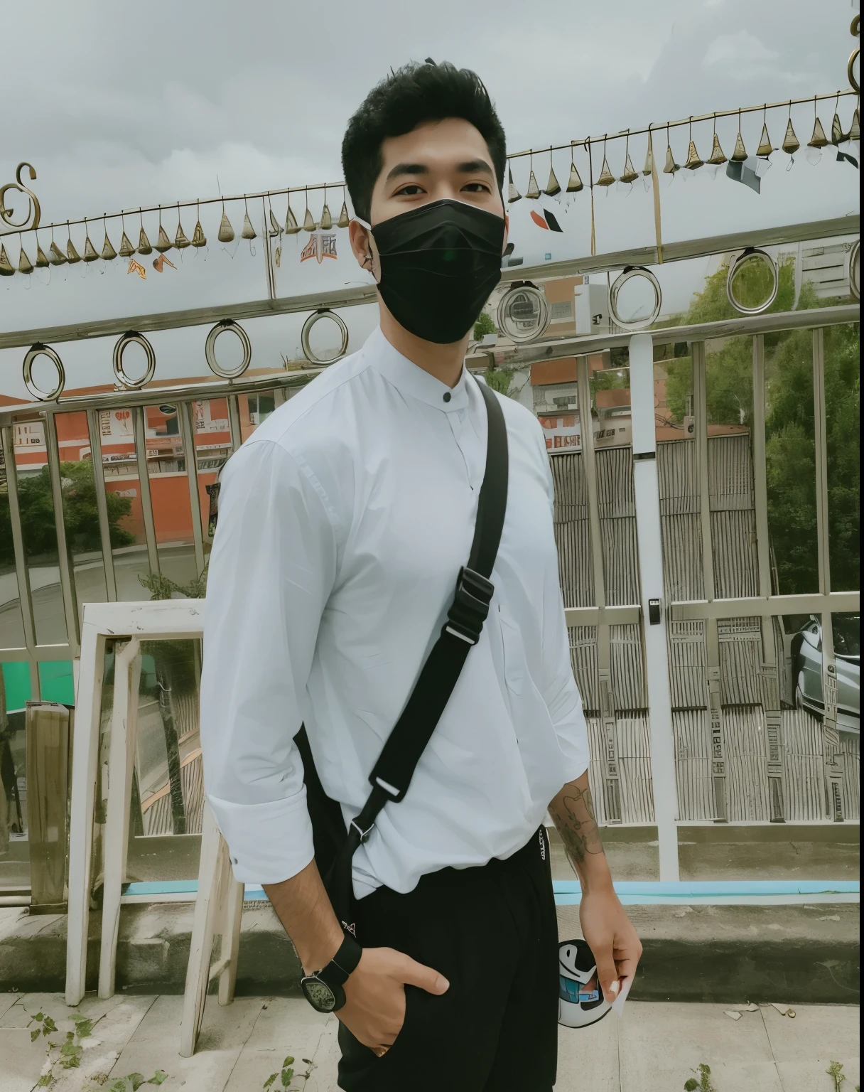 arafed man wearing a black mask and a white shirt, wearing all black mempo mask, wearing space techwear, wearing mask, wearing japanese techwear, thawan duchanee, wearing facemask, wearing a mask, profile picture 1024px, in the style of sifu 🔥 😎 🕹️ 👀 :2, techwear look and clothes