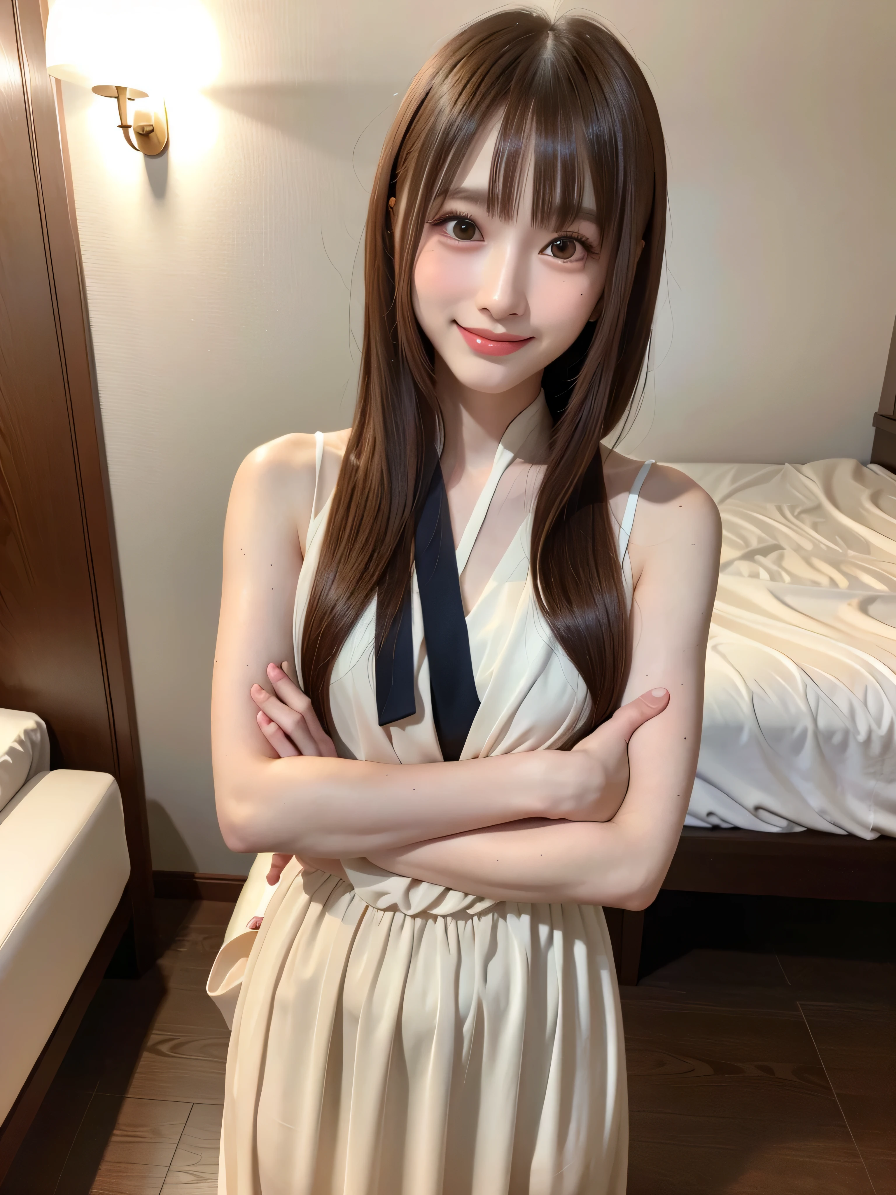 black eyes、woman1人、(woman))、solo、real、Highest image quality、photorealistic、masterpiece、8K、high vision、solo、high vision顔、soft lighting、Bedroom、(daytime))、null、(looking at the camera)、(Portrait:0.6)、whole body、(medium hair)、ponytail、brown hair、floating hair、lips、lipstick、魅惑のsmile、floating hair、smile、open mouth、teeth、eyelash、Nogizaka46、Moeka Tada、Akari Suda、Idol、beautiful girl、silk hot transparent dress、((standing position)