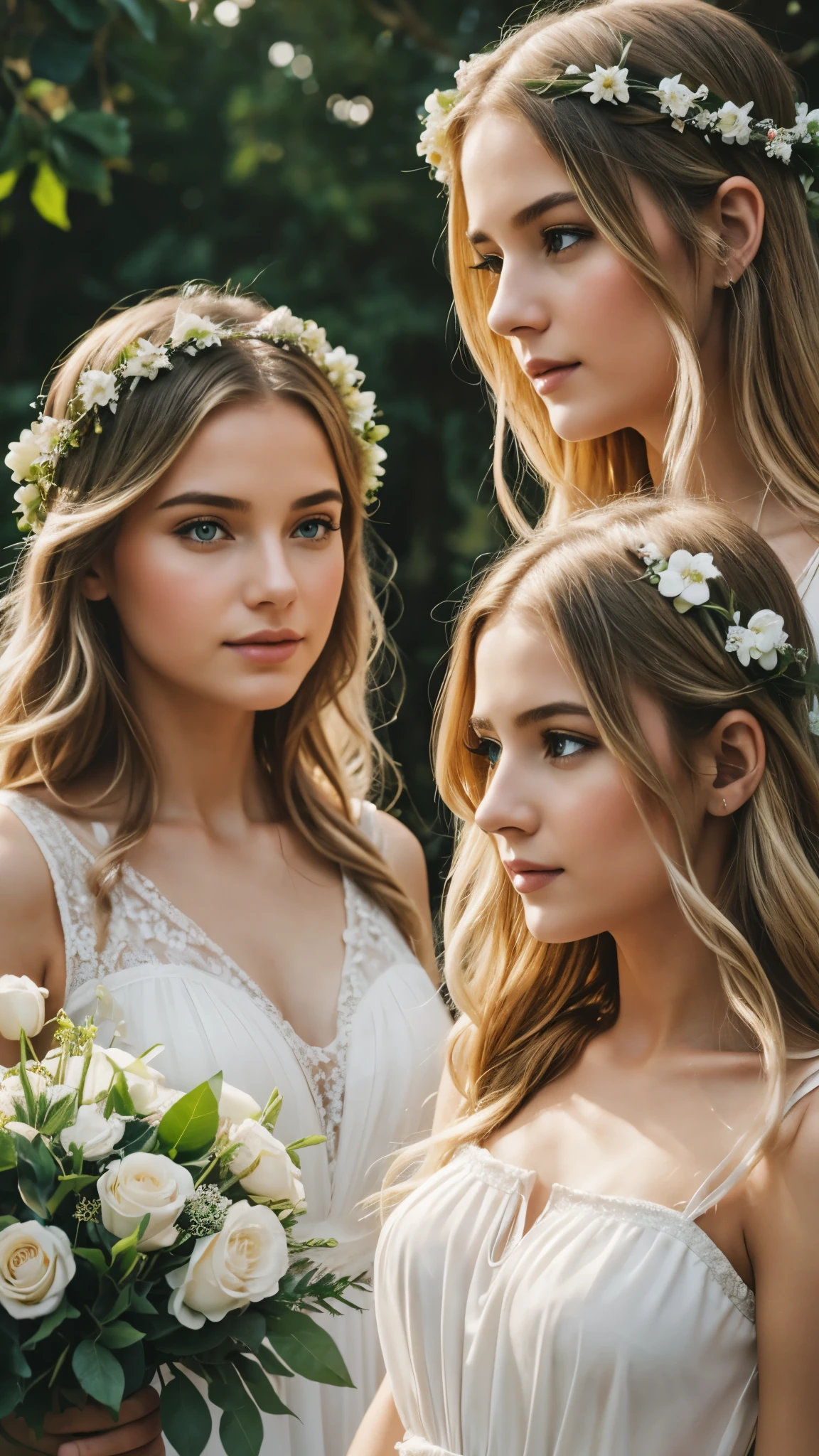 (best quality, highres:1.2), ultra-detailed, realistic:1.37, 3girls, beautiful detailed eyes, beautiful detailed lips, extremely detailed eyes and faces, long eyelashes, girls with long blonde hair in flowing white transparent summer dresses, wearing floral crowns in their hair, dancing through a fantasy city. Illustration, HDR, vibrant colors, dream-like lighting, delicate textures, ethereal atmosphere, whimsical architecture, fairytale setting.