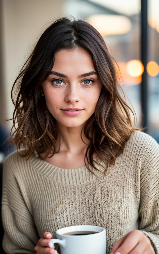 beautiful brunette wearing beige sweater (holding a cup of coffee inside a modern café at sunset), very detailed, 21 years old, innocent face, natural wavy hair, blue eyes, high resolution, masterpiece, best quality, intricate details, highly detailed, sharp focus, detailed skin, realistic skin texture, texture, detailed eyes, professional, 4k, charming smile, filmed in Canon, 85mm, shallow depth of field, kodak vision color, perfect fit body, extremely detailed, foto_\(ultra\), photorealistic, realistic, post-processing, maximum detail, roughness, real life, ultra realistic, photorealism, photography, 8k uhd, photography