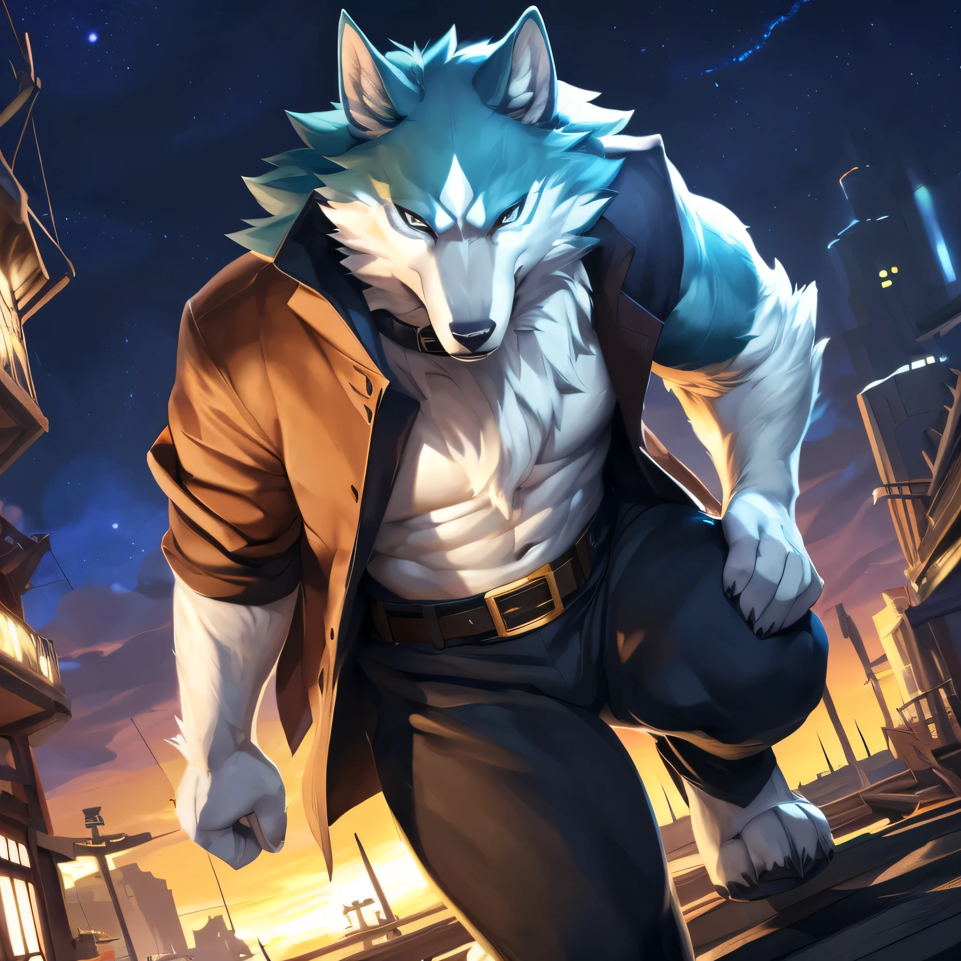 male, furry wolf, handsome, majestic wolf, shirou_ogami, Brand New Animal, (detailed wolf eyes:1.2) thick eyebrows, wink, anthro, man (wolf), high res, (detailed realistic image:1.3), (detailed eyes, beautiful expressive eyes:1), impasto impressionism, insane details, soft, (hyper realistic fur:1.2), (detailed fur:1.upil covered body:1.2), (male:1), (expressive face, detailed face:1), ((( dynamic angle,))), (((full body view))) blue and white fur, blue eyes, black shirt, belt, black pants, beige coat) by mystikfox61, by darkgem, by glitter trap boy, by bebebebebe, by null-ghost, by morethreedee, by seibear, ), Low Light: 1.2) masterpiece, best quality, ultra realistic ( 8k, UHD, Gorgeous Light and Shadows, Detailed facial portrayal, highest quality, masterpiece, ultra high detailed, official art, utra detailed, deep shadows, dynamic shadows, HDR, deep of field, utra detailed fur, maximum focus, depth of field, perfect lighting, light particleest quality, ultra detailed body, cinematic, sharp focus, correct anatomy, right hands, correct hands, correct head, detailed background, (Shirou walking on ship docks, city landspace at the background, japanese anime shipyard landscape, painted in anime painter studio, beautiful anime scene, anime background art, beautiful city anime scenery, anime beautiful peace scene, made with anime painter studio, night japanese anime scenery, japanese anime shipyard, scenery art detailed, digital painting highly detailed, scenery artwork, anime landscape, highly detailed digital painting, dark night,