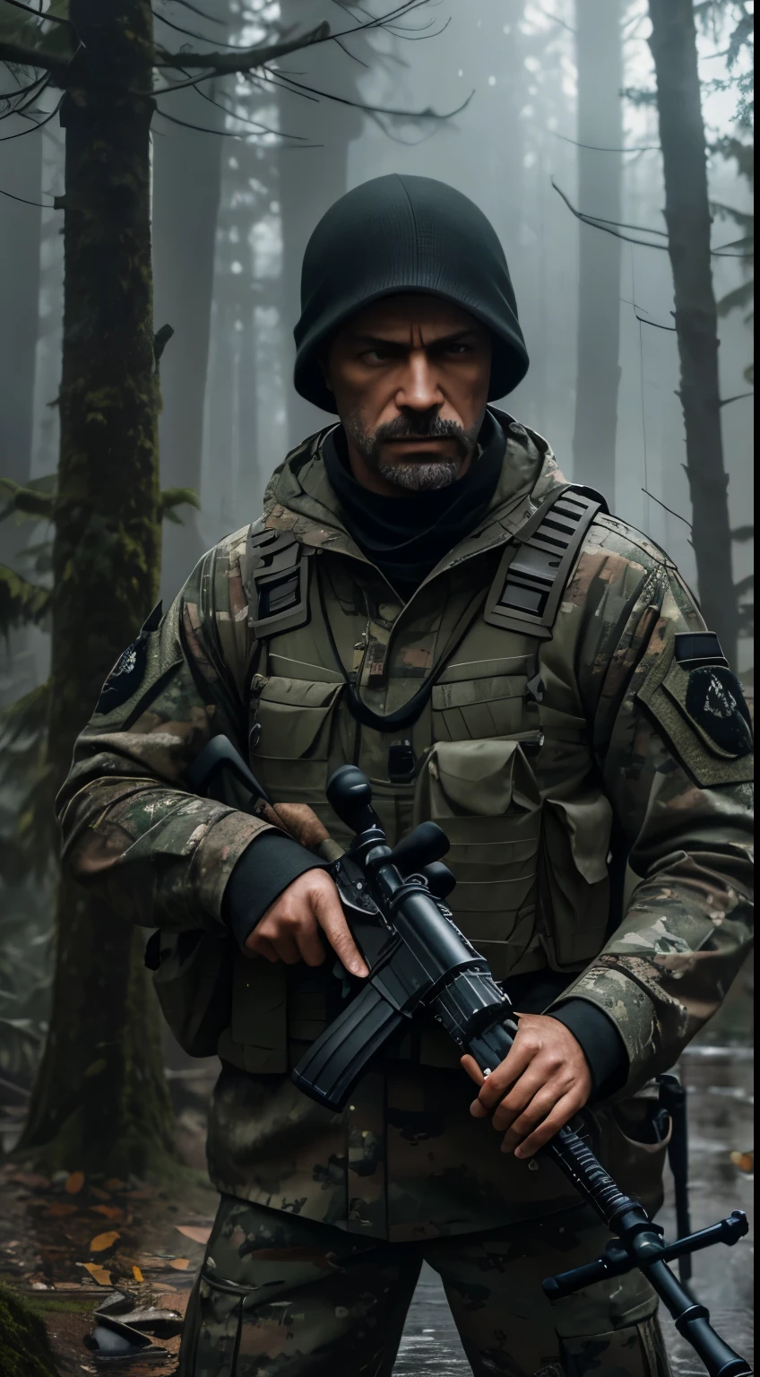 intense, hyper-realistic depiction of recruited elite sniper preparing for mission to assassinate Hitler during daily walk, realistic detailed face, piercing gaze, camouflage clothing, steady grip on sniper rifle, hidden in forest, rain-soaked ground, dark and moody atmosphere, best quality, high-res, ultra-detailed, professional, vivid colors, concept art, cool blue color palette, dramatic lighting