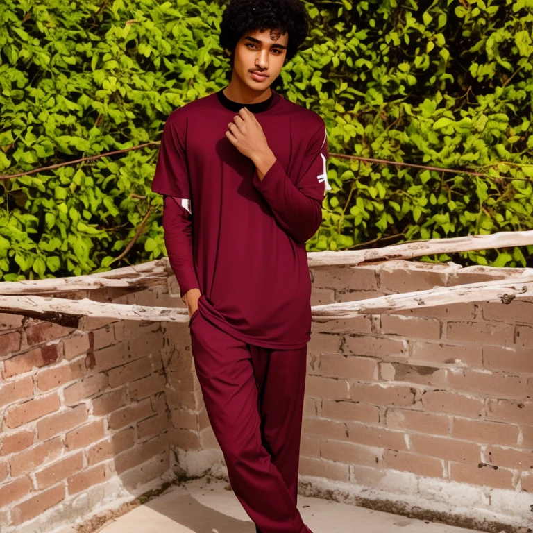 arafed man standing on a ledge with his hand on his hip, maroon and white, full body picture, full body photogenic shot, violet coloured t-shirt, train with maroon, with a cool pose, dressed with long fluent clothes, full body portrait shot, full body photograph, profile shot, around 1 9 years old, casual pose, profile pic