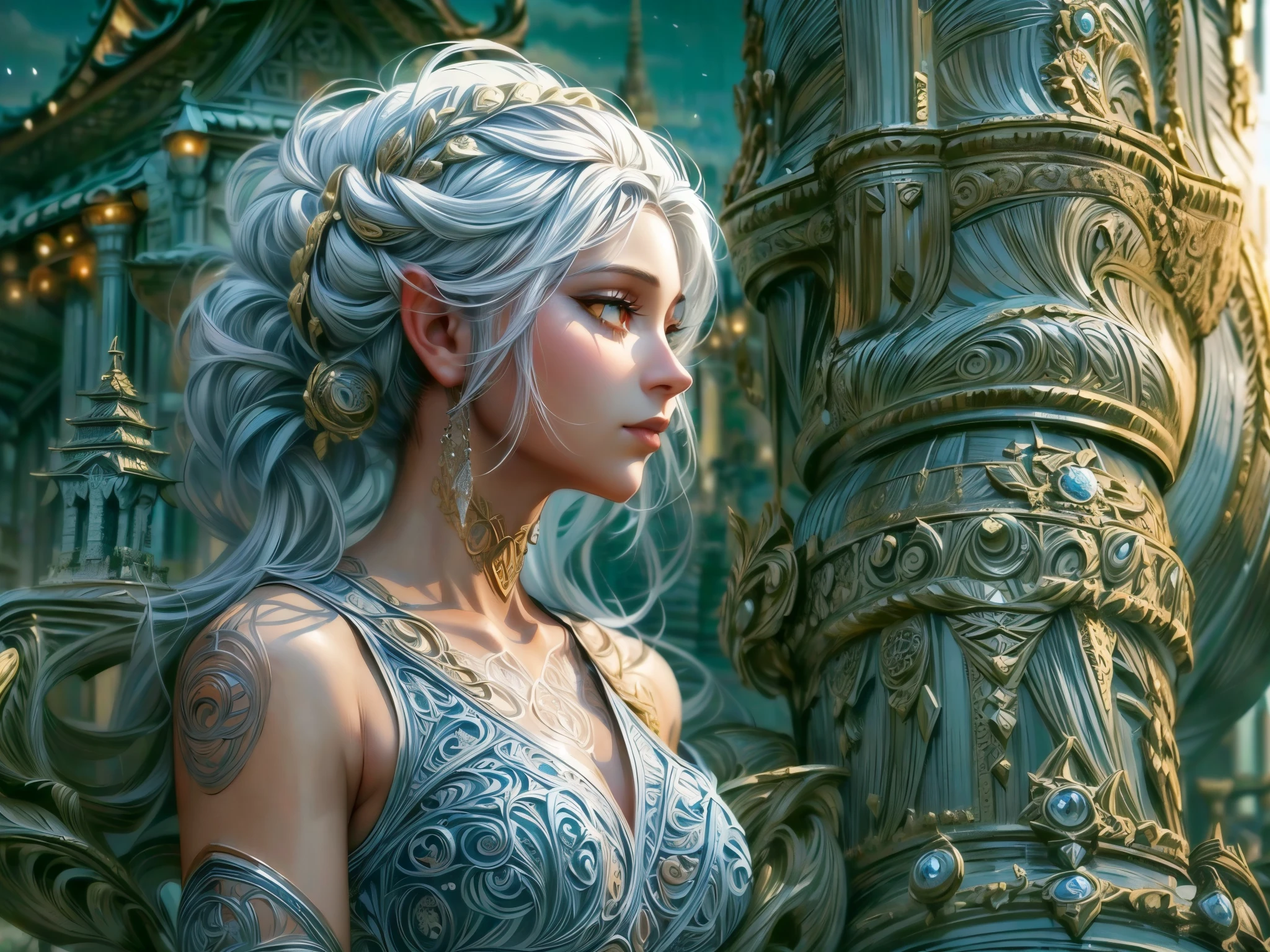 16k, ultra detailed, masterpiece, best quality, (extremely detailed), dynamic angle, anatomically correct, an ultra wide angle picture of a female human in front of a magical tower (intricate details, Masterpiece, best quality: 1.5), female human (intricate details, Masterpiece, best quality: 1.5), beautiful human (intricate details, Masterpiece, best quality: 1.4), blue skin (intricate details, Masterpiece, best quality: 1.5), white hair, braided hair, magical tower ( 1.5, intense details, masterpiece), flowing robe, sun light,