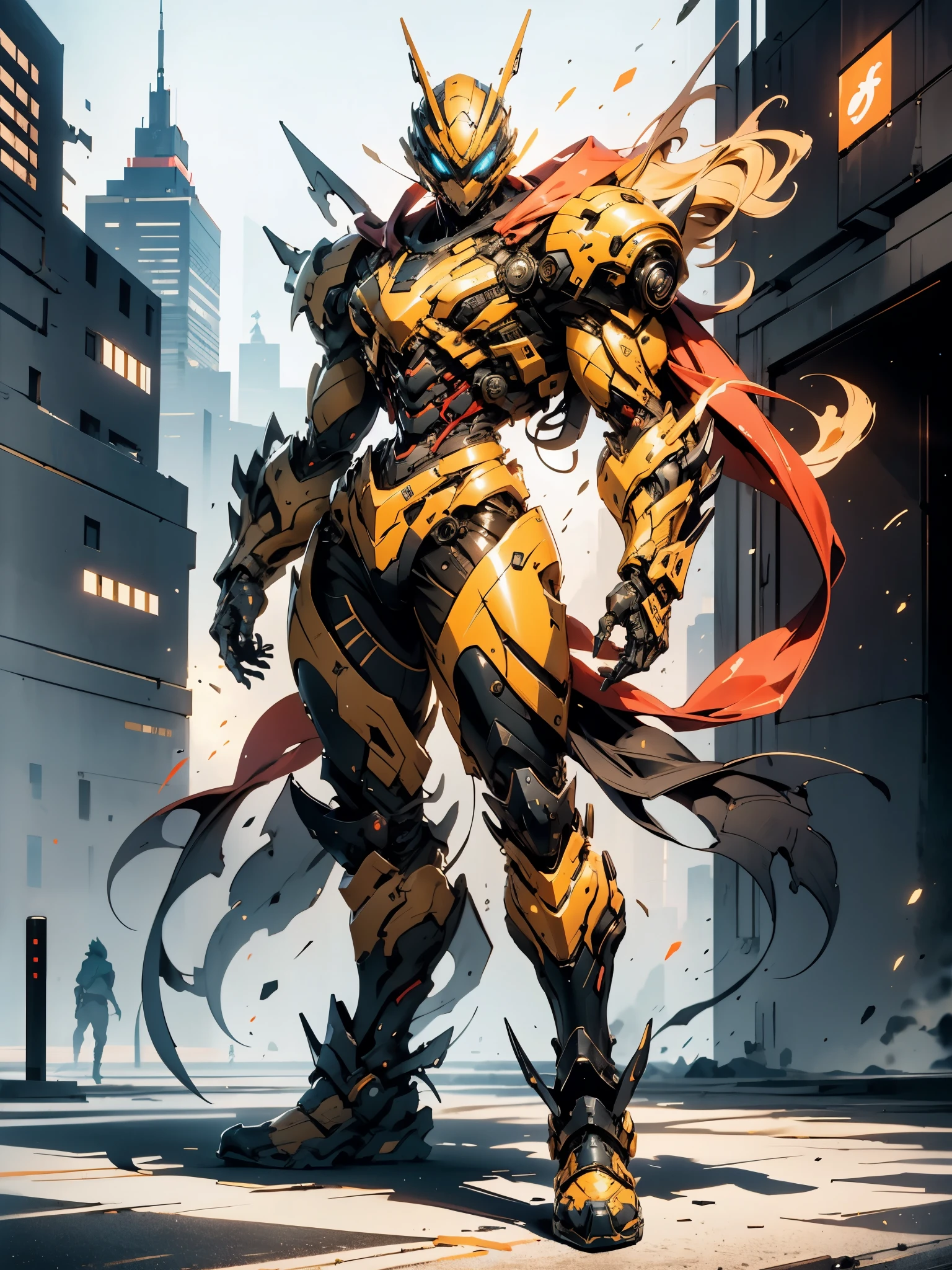 A superhero, a high-tech biotech battle suit, standing on a rooftop, looking over the city, Japanese tokusatsu and American comic style, biometallic texture of the suit, sleek and shiny, dynamic, metallic, sophisticated design, symmetrical face, extremely detailed eyes and face, high quality eyes, high definition, best quality, highres, ultra-detailed, ultra-fine painting, exquisite and mature, extremely delicate, professional, anatomically correct, creativity, UHD, HDR, 32k, Natural light, cinematic lighting, best shadow, masterpiece-anatomy-perfect, masterpiece