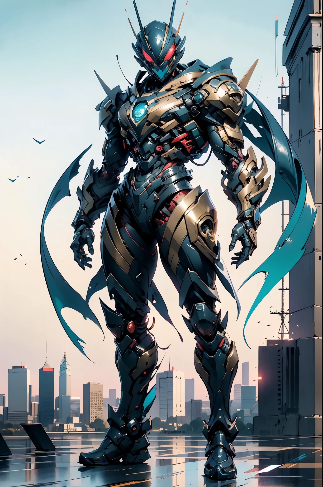 A superhero, a high-tech biotech battle suit, standing on a rooftop, looking over the city, Japanese tokusatsu and American comic style, biometallic texture of the suit, sleek and shiny, dynamic, metallic, sophisticated design, symmetrical face, extremely detailed eyes and face, high quality eyes, high definition, best quality, highres, ultra-detailed, ultra-fine painting, exquisite and mature, extremely delicate, professional, anatomically correct, creativity, UHD, HDR, 32k, Natural light, cinematic lighting, best shadow, masterpiece-anatomy-perfect, masterpiece