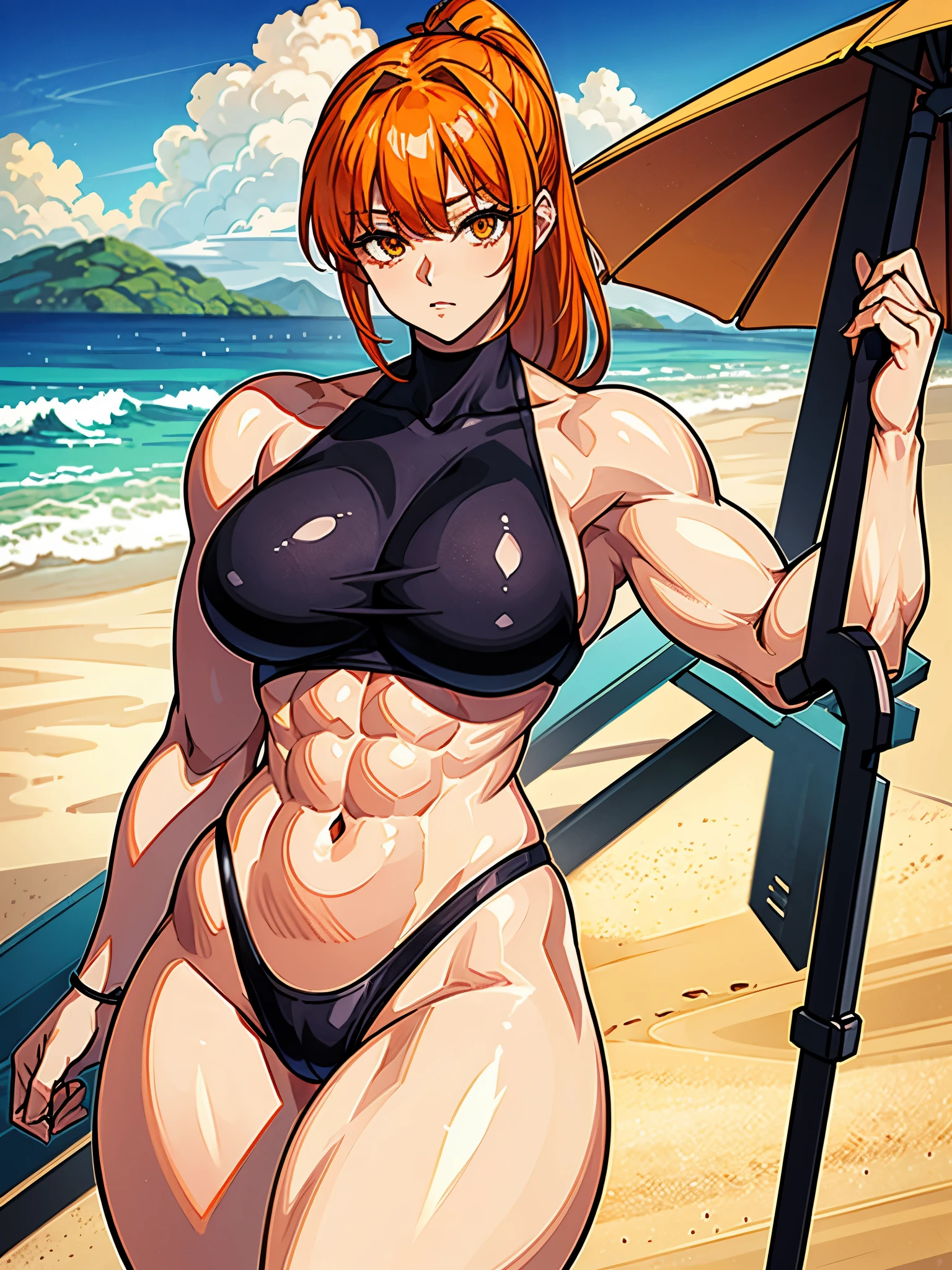 (((masterpiece、Highest image quality、highest quality、highly detailed unity 8kwallpaper)))、((Illustration of one girl))、(((beautiful girl)))、((orange hair、side pony、orange eyes))、(stocky build, thickset physique, muscular legs, broad shoulders, solid chest)、swimsuit、sandy beach