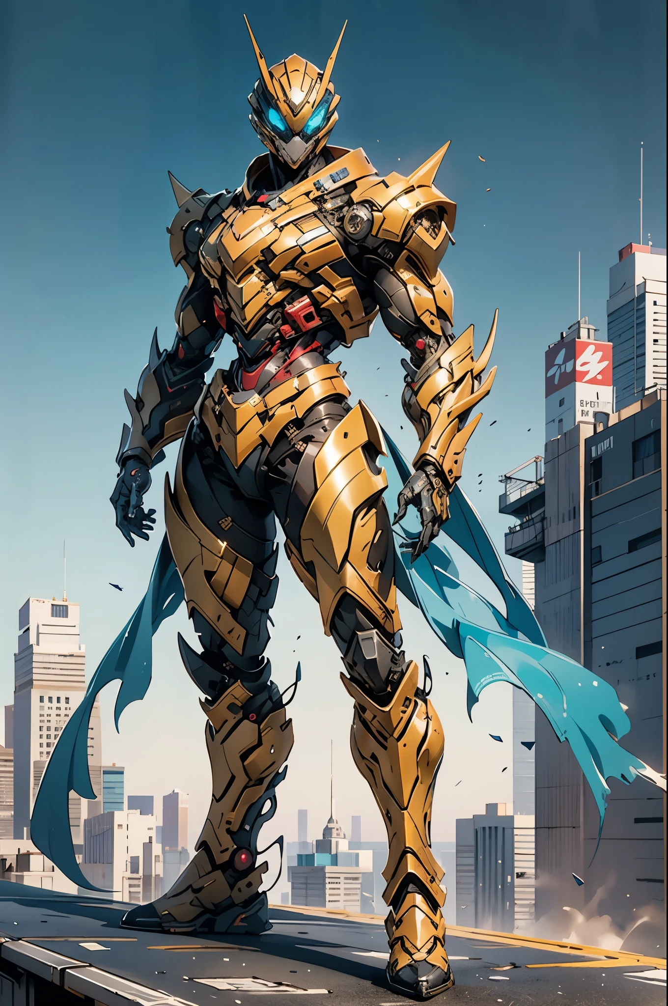 A superhero, a high-tech biotech battle suit, standing on a rooftop, looking over the city, Japanese tokusatsu and American comic style, biometallic texture of the suit, sleek and shiny, dynamic, metallic, sophisticated design, symmetrical face, extremely detailed eyes and face, high quality eyes, high definition, best quality, highres, ultra-detailed, ultra-fine painting, exquisite and mature, extremely delicate, professional, anatomically correct, creativity, UHD, HDR, 32k, Natural light, cinematic lighting, best shadow, masterpiece-anatomy-perfect, masterpiece