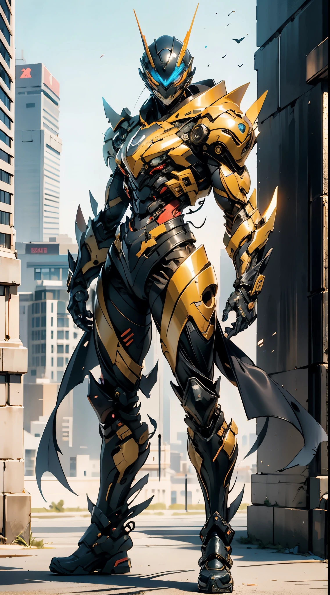 A superhero, a high-tech biotech battle suit, standing on a rooftop, looking over the city, Japanese tokusatsu and American comic style, biometallic texture of the suit, sleek and shiny, dynamic, metallic, sophisticated design, symmetrical face, extremely detailed eyes and face, high quality eyes, high definition, best quality, highres, ultra-detailed, ultra-fine painting, exquisite and mature, extremely delicate, professional, anatomically correct, creativity, UHD, HDR, 32k, Natural light, cinematic lighting, best shadow, masterpiece-anatomy-perfect, masterpiece