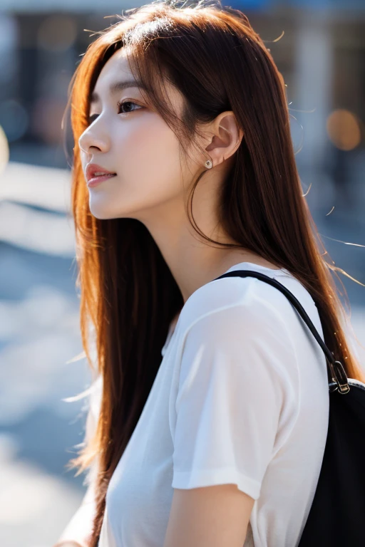Beautiful Korean fashion model bokeh train movie photo