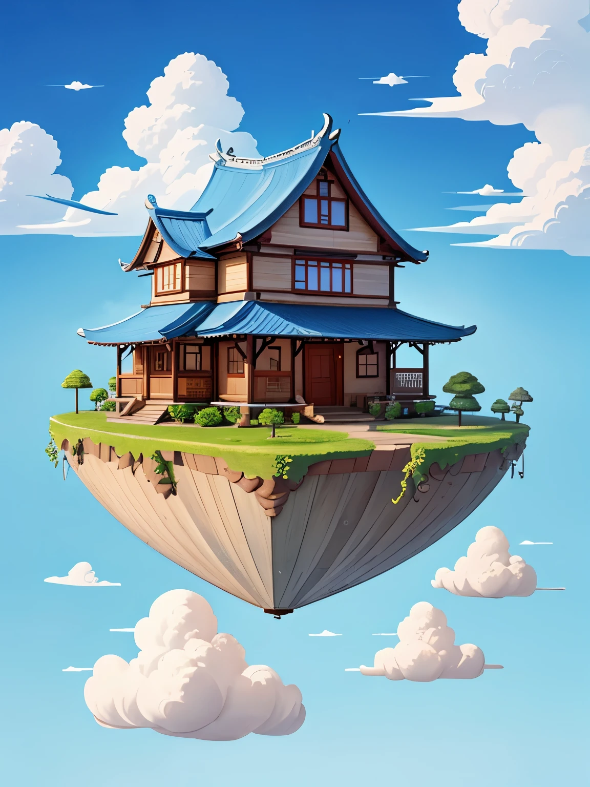 highest quality。masterpiece。beautiful。detailed details。((Has a small house、A small floating island floating in the sky))。The background is a blue sky with cumulonimbus clouds.。