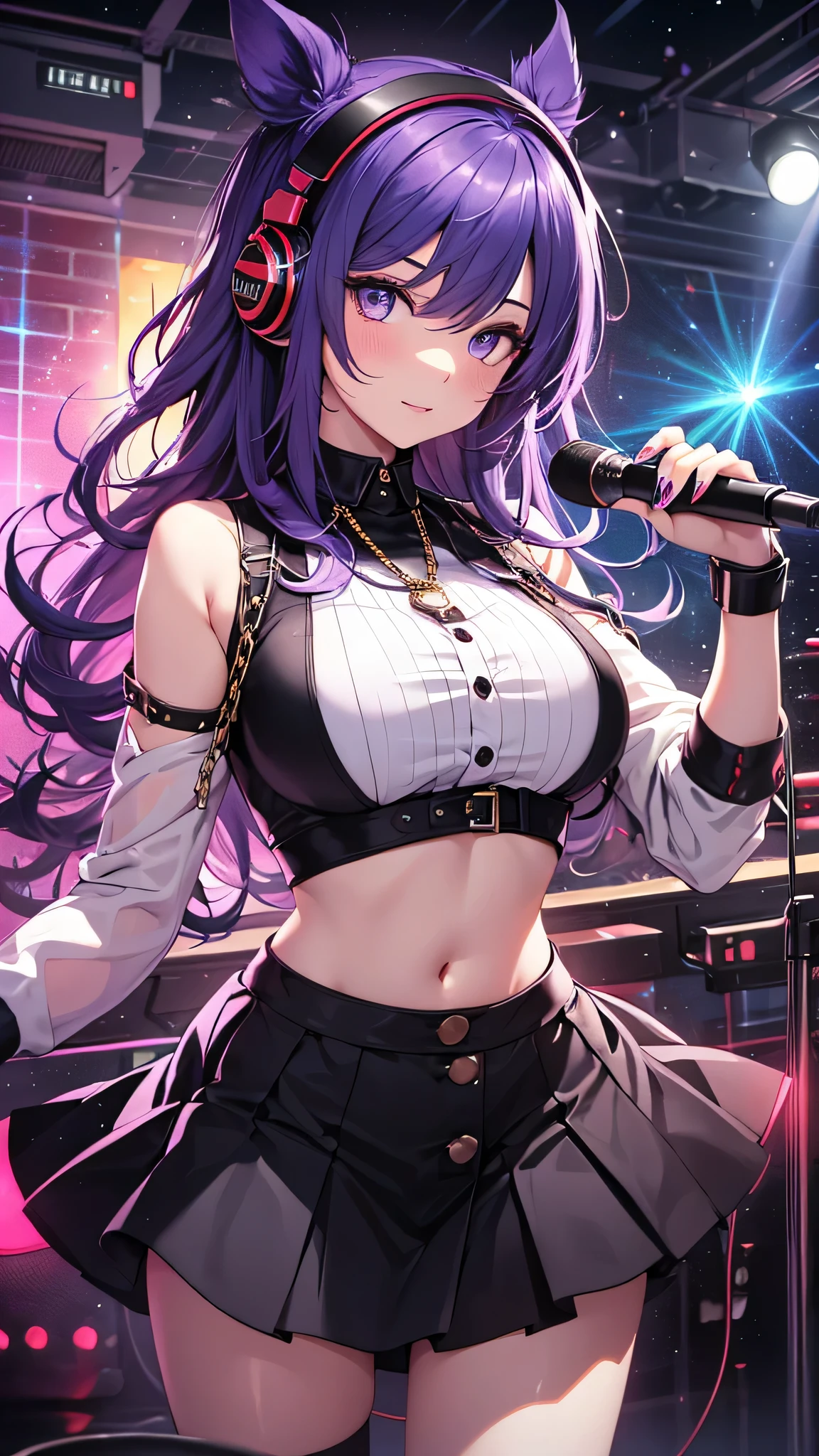 1girl, :d, animal ears, bare shoulders, black dress, black gloves, blurry, blurry background, blurry foreground, blush, breasts, choker, cleavage, depth of field, dress, gloves, holding, holding microphone, large breasts, long hair, looking at viewer, microphone, microphone stand, open mouth, purple eyes, purple hair, short dress, smile, solo, thighhighs, thighs, twintails, white legwear, satyr \(granblue fantasy\),
