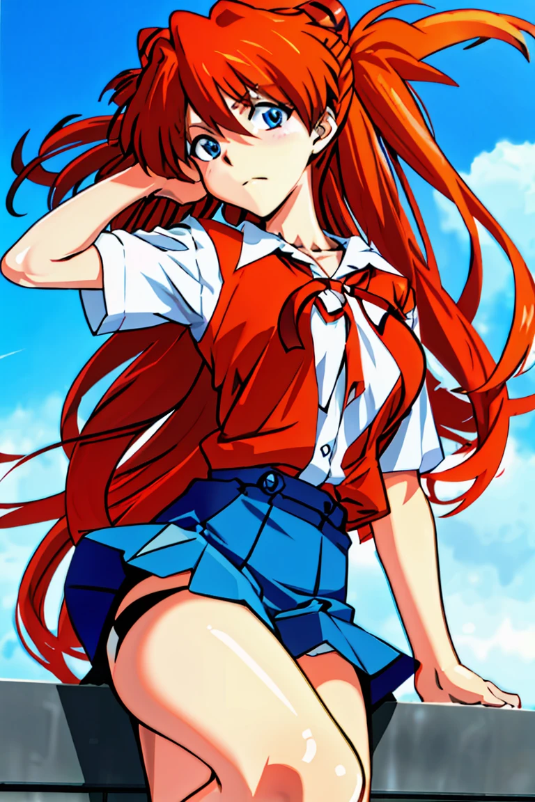 Asuka touches her breasts and masturbates，blue eyes, orange hair，sports late，White-collar blouse that exposes the breasts，EVANGELION asuka，anime manga girl,Asuka rolls up her torn skirt and shows her crotch，Cumshot