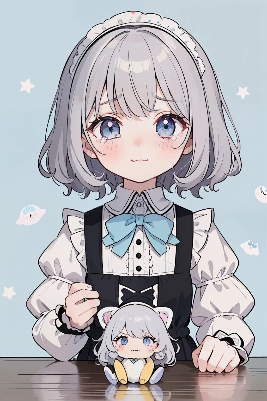 (table top), (highest quality), (Super detailed), (whole body: 1.2), 1 girl, Little, cute, crying face,colorful background, pink, black and white gothic lolita clothing, blush, : 3,(banguri and, gray hair,(light blue eyes:1.2),(Short hair with a lot of hair),(Fluffy curly hair), (brown eyelash stickers, Bangortiful detailed face), (Beautiful and detailed eyelid body,cuteポーズ,(A space full of stuffed animals and toys)