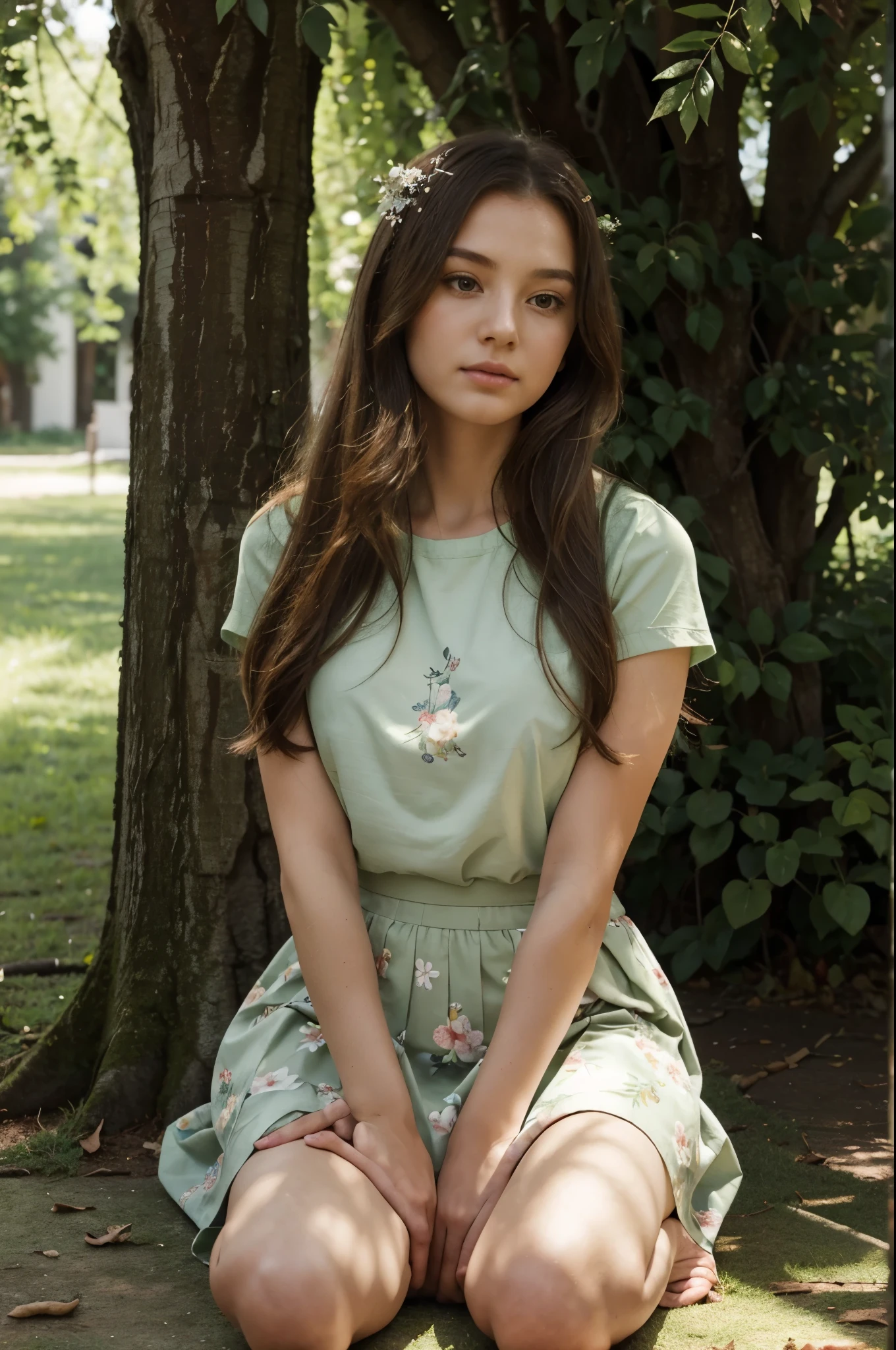 1girl,long hair,illustration,(best quality,masterpiece:1.2),kneeling,looking at the viewer,under the tree,green leaves,beautiful flowers,soft sunlight,peaceful atmosphere,vivid colors,gentle breeze,detailed features,graceful pose,dreamy background,whimsical feel,acmm ls outfit, wearing acmm top, white acmm top, short sleeves, wearing acmm long skirt, olive green acmm long skirt, printed skirt