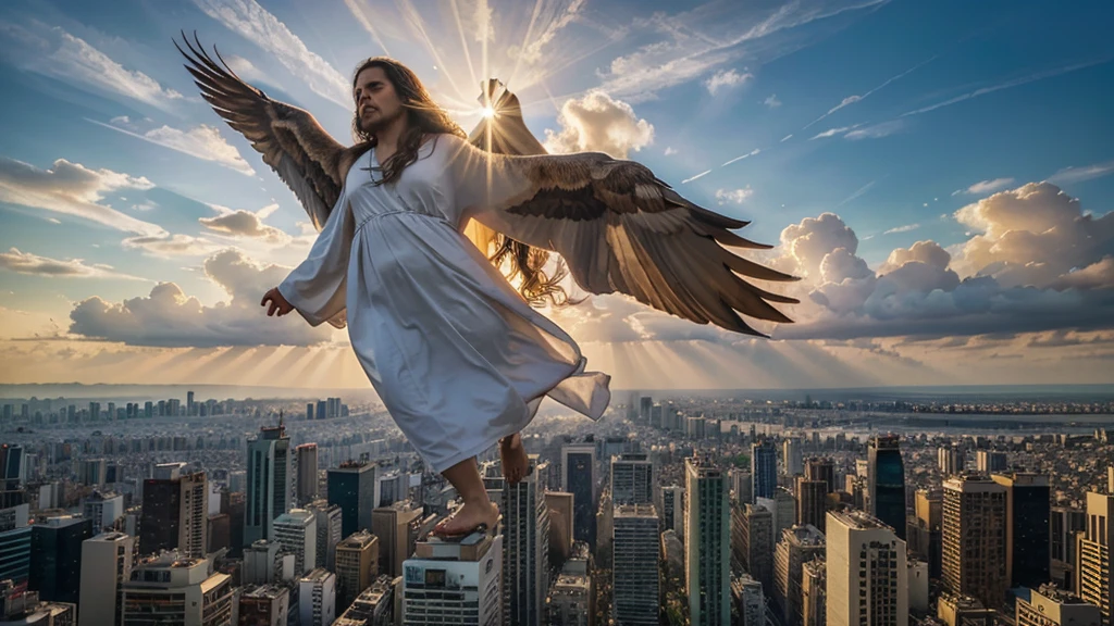Jesus Christ in the São Paulo sky, oil painting, detailed clouds, bright and warm colors, dramatic lighting, realistic portrayal, large and majestic image, heavenly appearance, realistic facial features, serene expression, flowing robes, charismatic pose, arms outstretched, halo above the head, peaceful atmosphere, sacred atmosphere, religious icon, spiritual representation, divine presence, bird flying in the background, people looking up in awe, busy cityscape below, skyscrapers, cars, bustling streets, São Paulo landmarks in the distance, vibrant and lively city, contrasting with the calmness of the sky, symbolic meaning, religious devotion, faith, hope, sense of wonder, awe-inspiring image.
(best quality, 4k, highres, masterpiece:1.2), ultra-detailed, (realistic, photorealistic, photo-realistic:1.37), HDR, vivid colors, professional, oil painting technique, soft brushstrokes, atmospheric perspective, cityscape, heavenly light, soft and warm sunlight, heavenly rays, translucent clouds, ethereal effect.