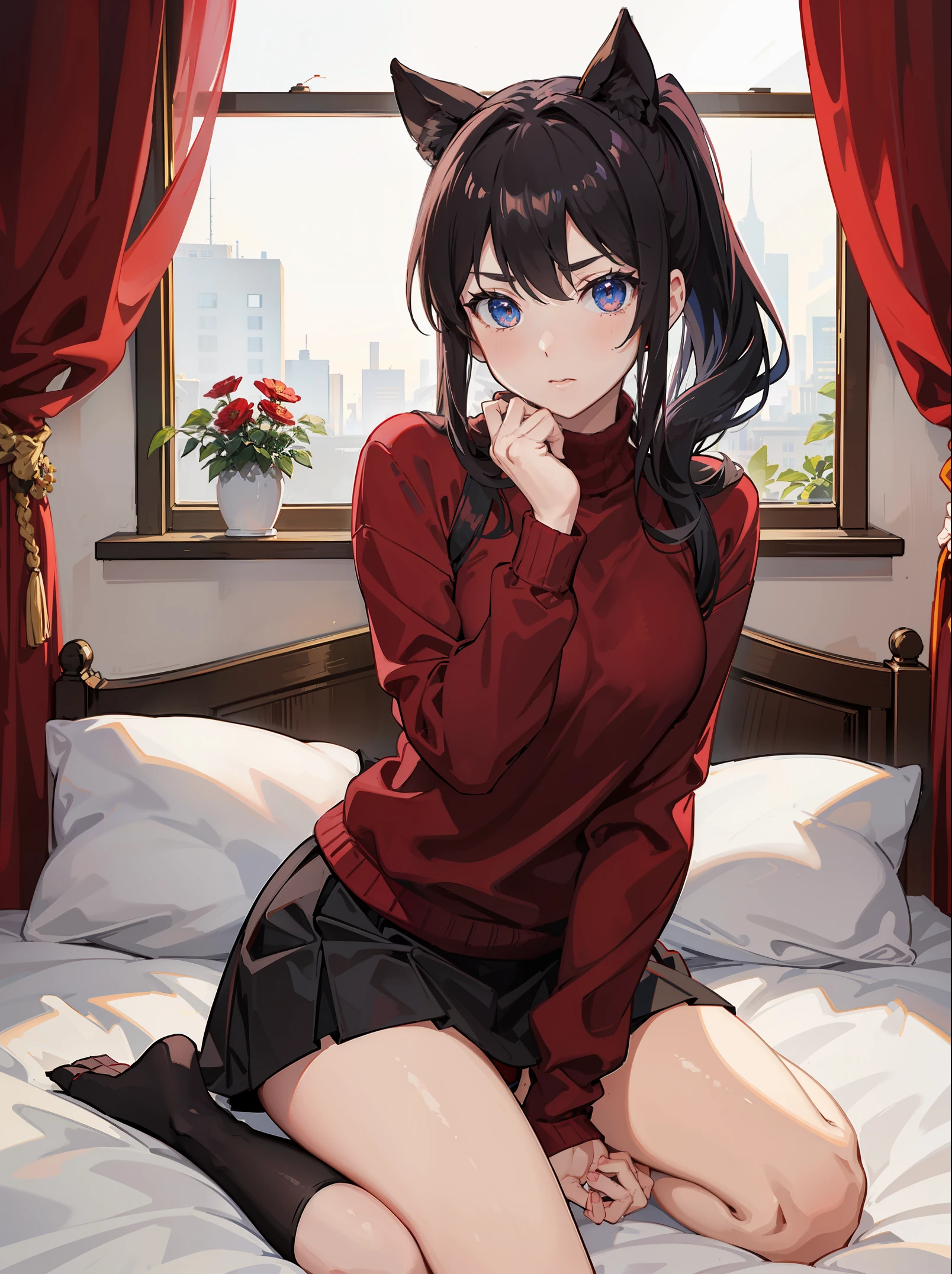 (best quality), [masterpiece], (Rin Harusaka), posture, , , Red sweater and black skirt, black stockings, Black double ponytail, blue eyes, on the bed, white bed,hands on the bed between thighs