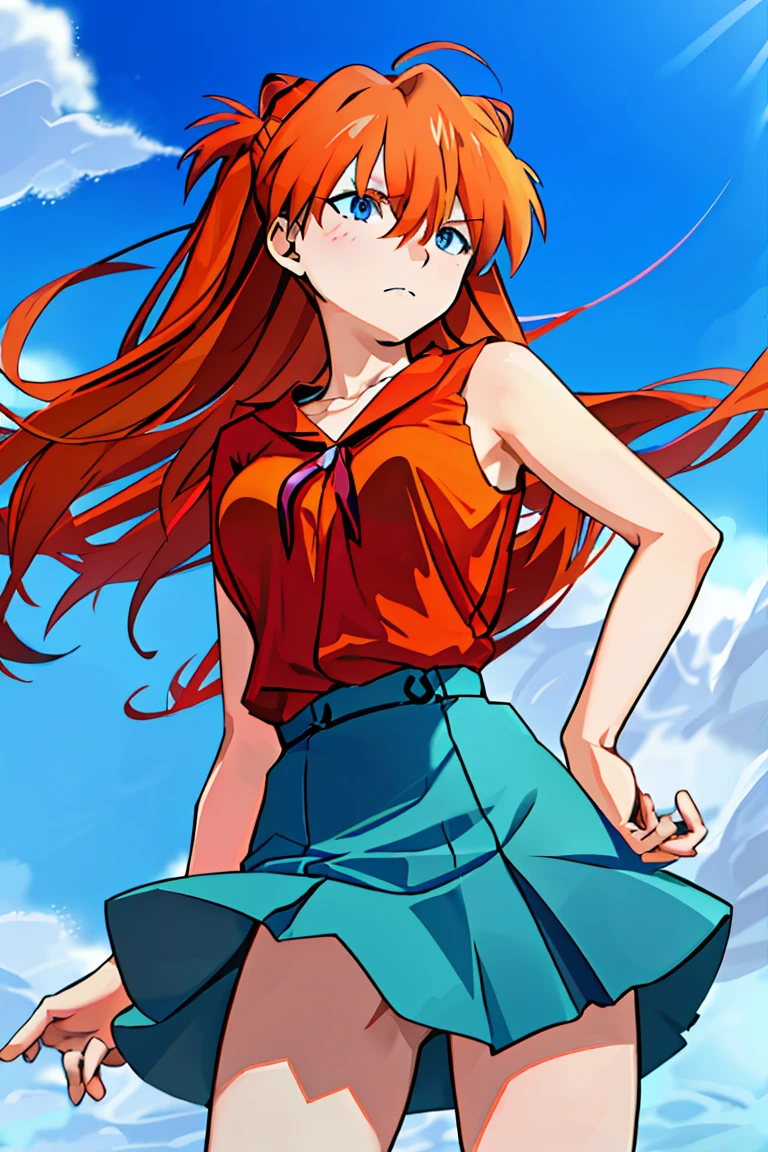 expose one&#39;s chest，Asuka，blue eyes, orange hair，sports late，White-collar blouse that exposes the breasts，EVANGELION asuka，anime manga girl,Lift up your skirt and expose your crotch