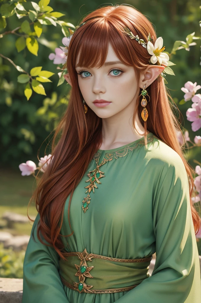 (watercolor: 1.2), elf princess, flower, freckles, bangs, redhead, long hair, green eyes, hair between eyes, flower earrings, blurred background, high resolution